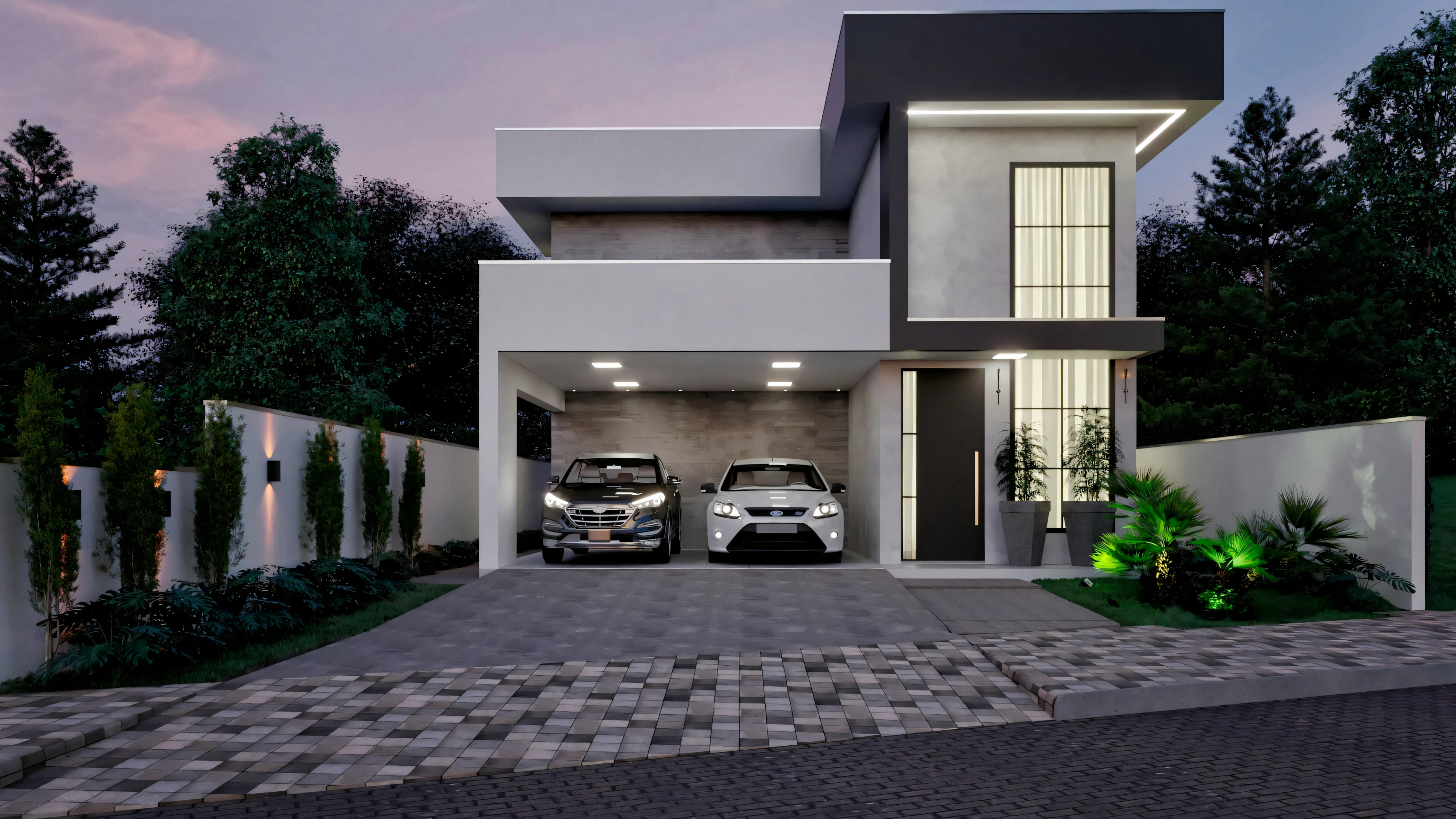 Modern two-story house at dusk, with lights on and a garage.