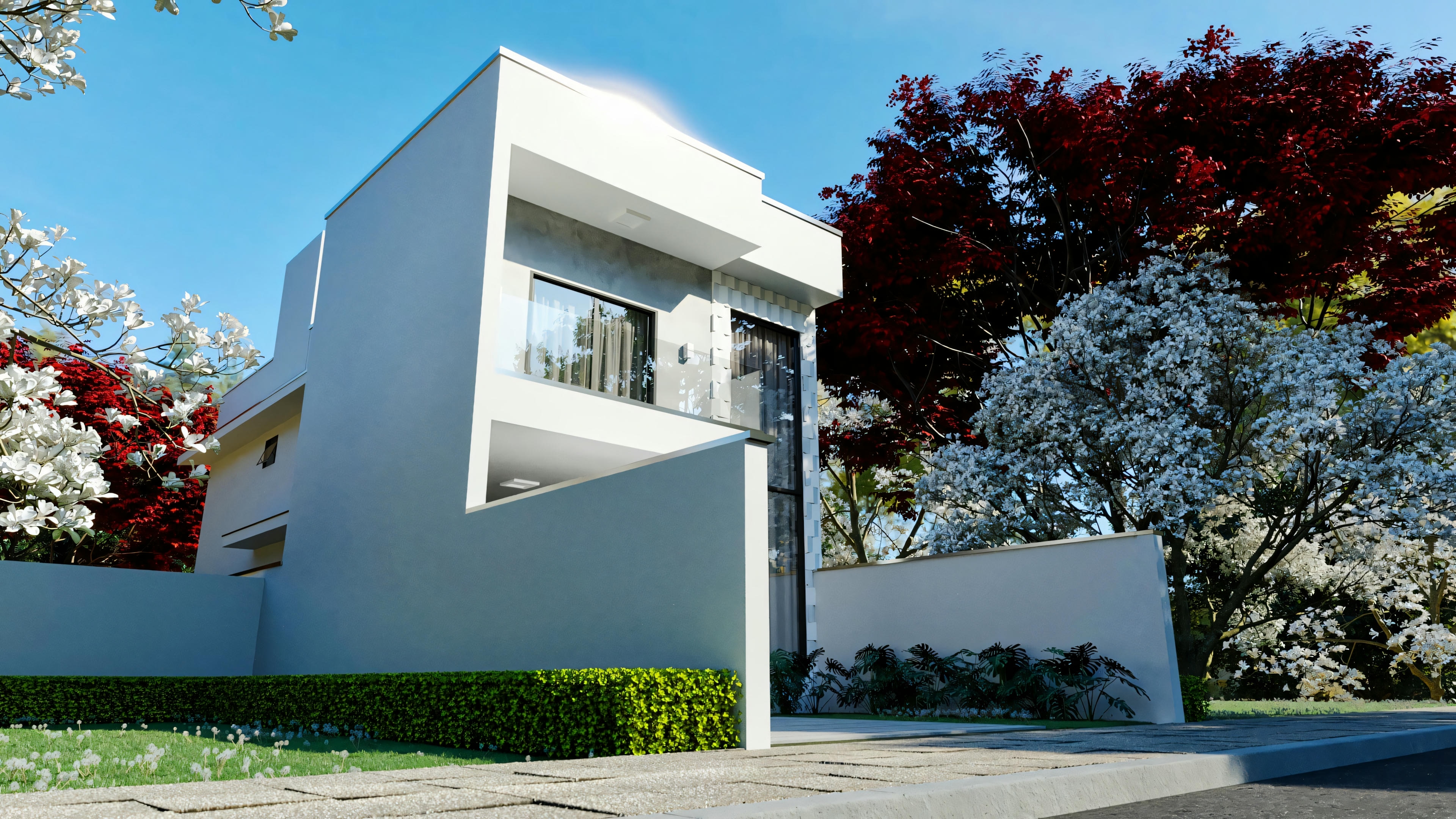 Exterior view of a modern white house with large windows, surrounded by greenery.