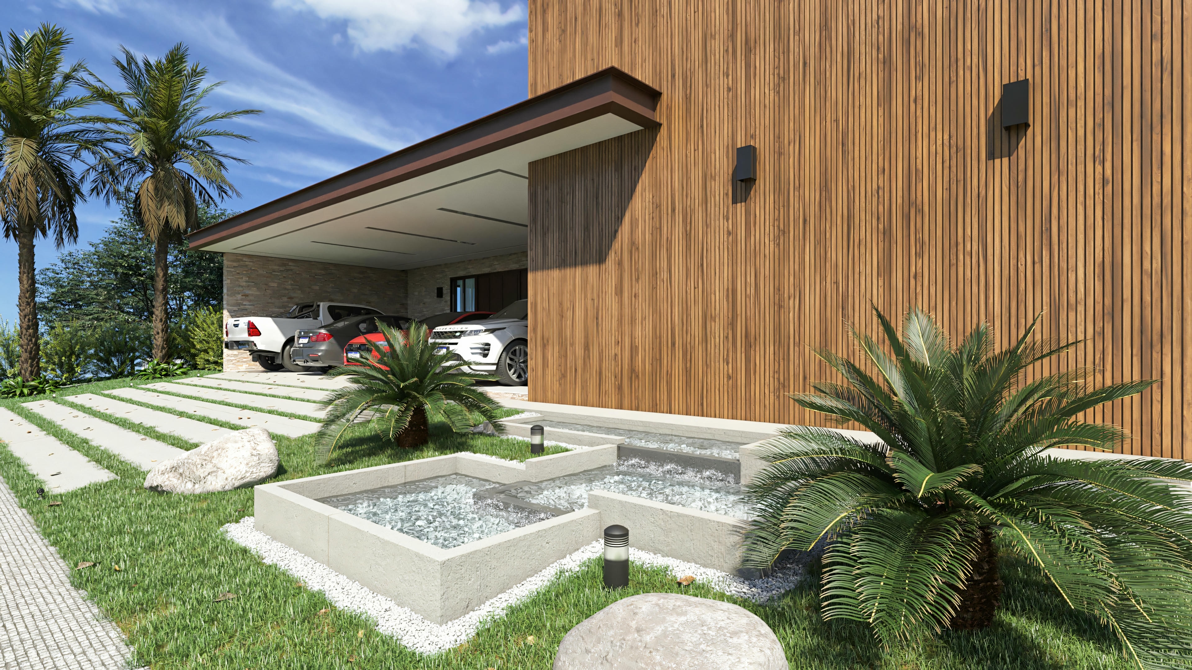 Detalle del paisajismo moderno en la entrada de casa de planta baja de lujo, con canteros o espejos de agua en albañilería rellenos con guijarros, cycas, piedras decorativas, garaje al fondo y fachada con imponente revestimiento en madera vertical, en terreno 25x40.