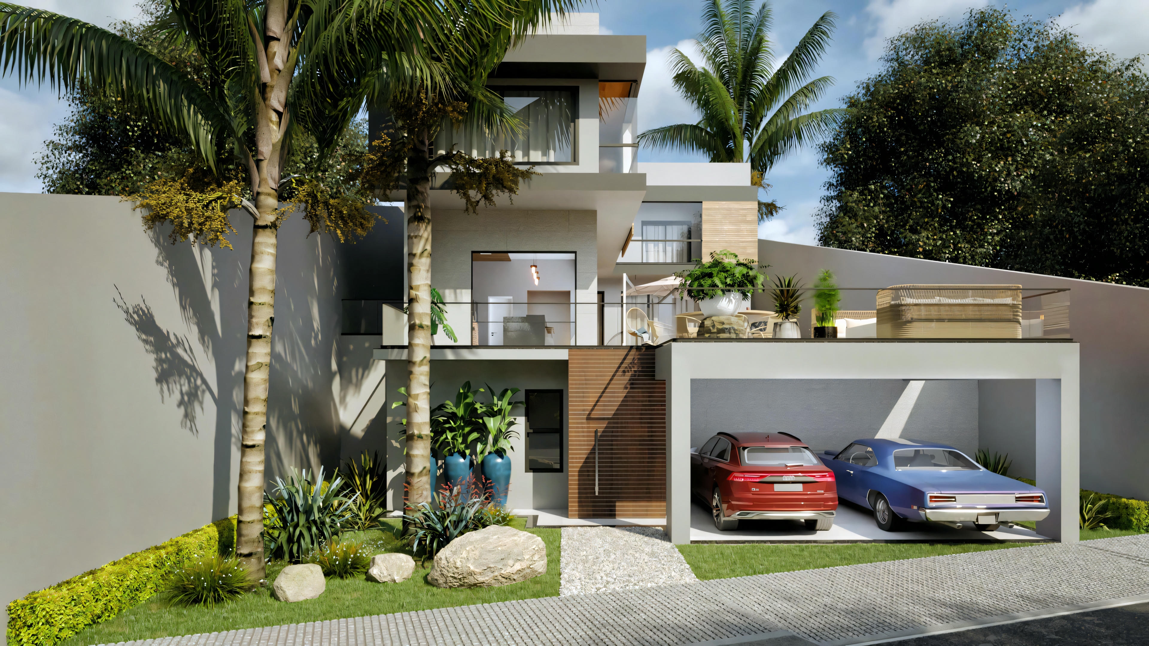 Fachada de casa moderna com 4 suítes, 316.98m². Apresenta garagem dupla coberta, paisagismo com palmeiras e pedras, e detalhes em madeira e vidro.