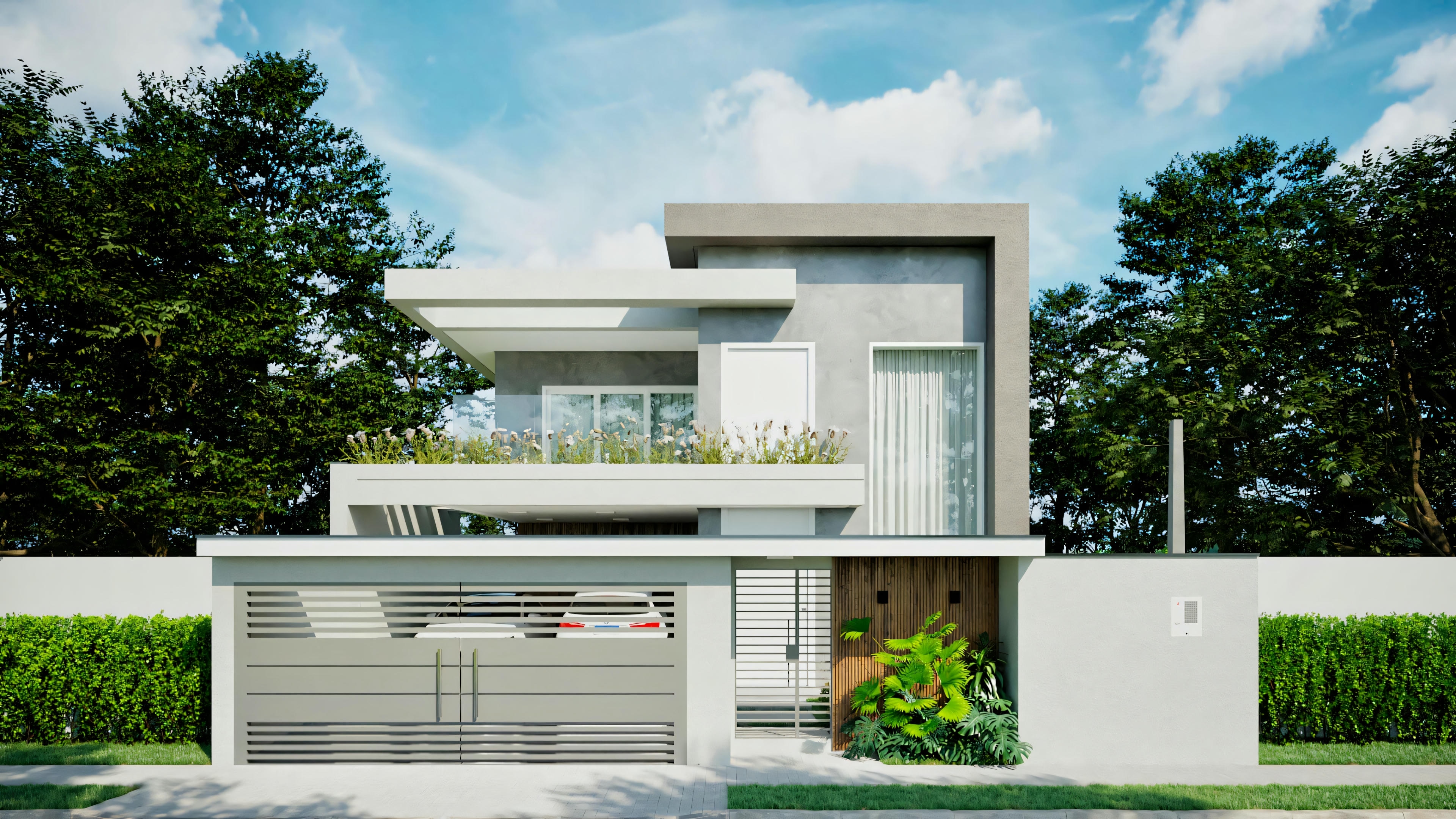 Proyecto arquitectónico de casa moderna ArchShop con 250.56m², 3 suites, piscina y área gourmet. Vista frontal de la fachada contemporánea con pretil, portón moderno, garaje, balcón con paisajismo y acabados en tonos neutros. Proyecto para terreno 12x25.