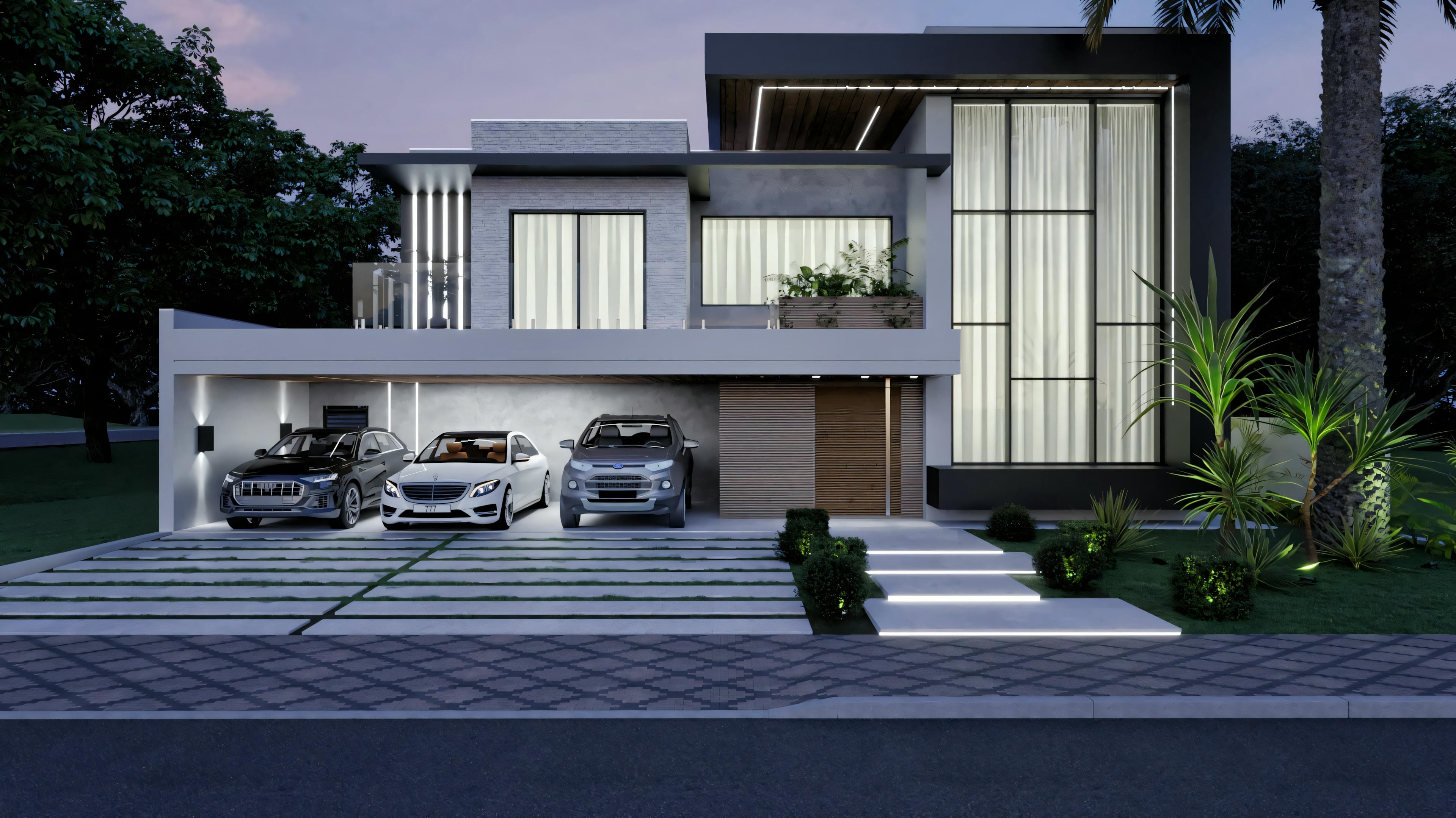 Fachada nocturna de proyecto de casa moderna e imponente, destacando el proyecto de iluminación. Mansión con 555.9m², 4 suites, garaje para 3 autos, en terreno 20x35. Vista muestra luces empotradas y detalles arquitectónicos valorizados por la noche.