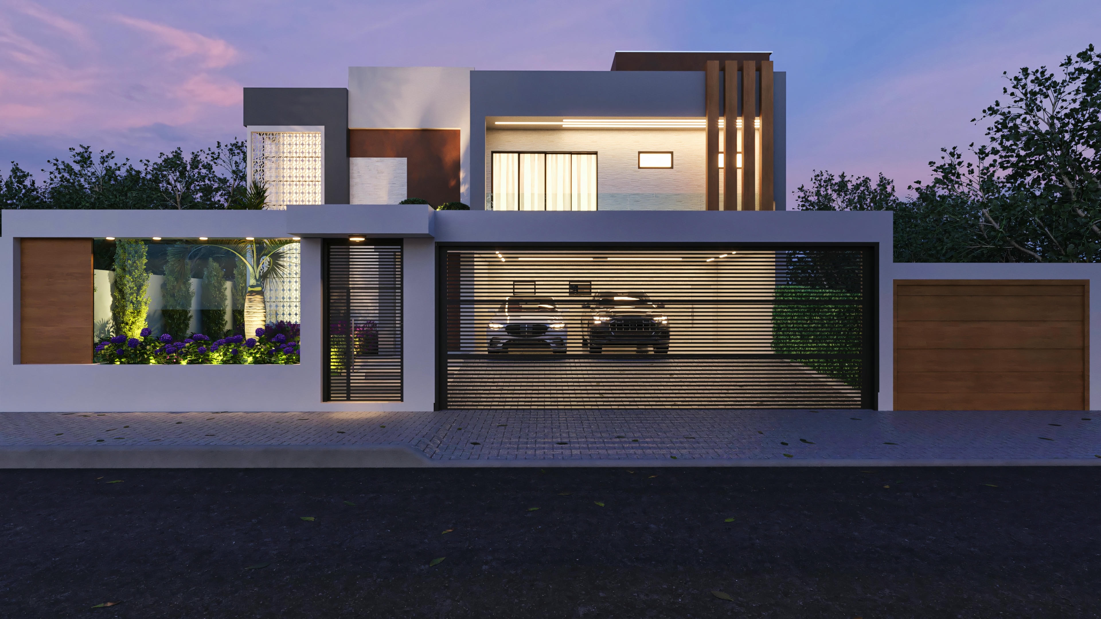 Proyecto de casa moderna de 394.84m² en vista nocturna, con 4 suites, piscina, oficina y quincho. Fachada iluminada destacando portón de garaje y portón social en metal negro con diseño listonado, muro con detalle en vidrio y paisajismo interno, en terreno 20x25.