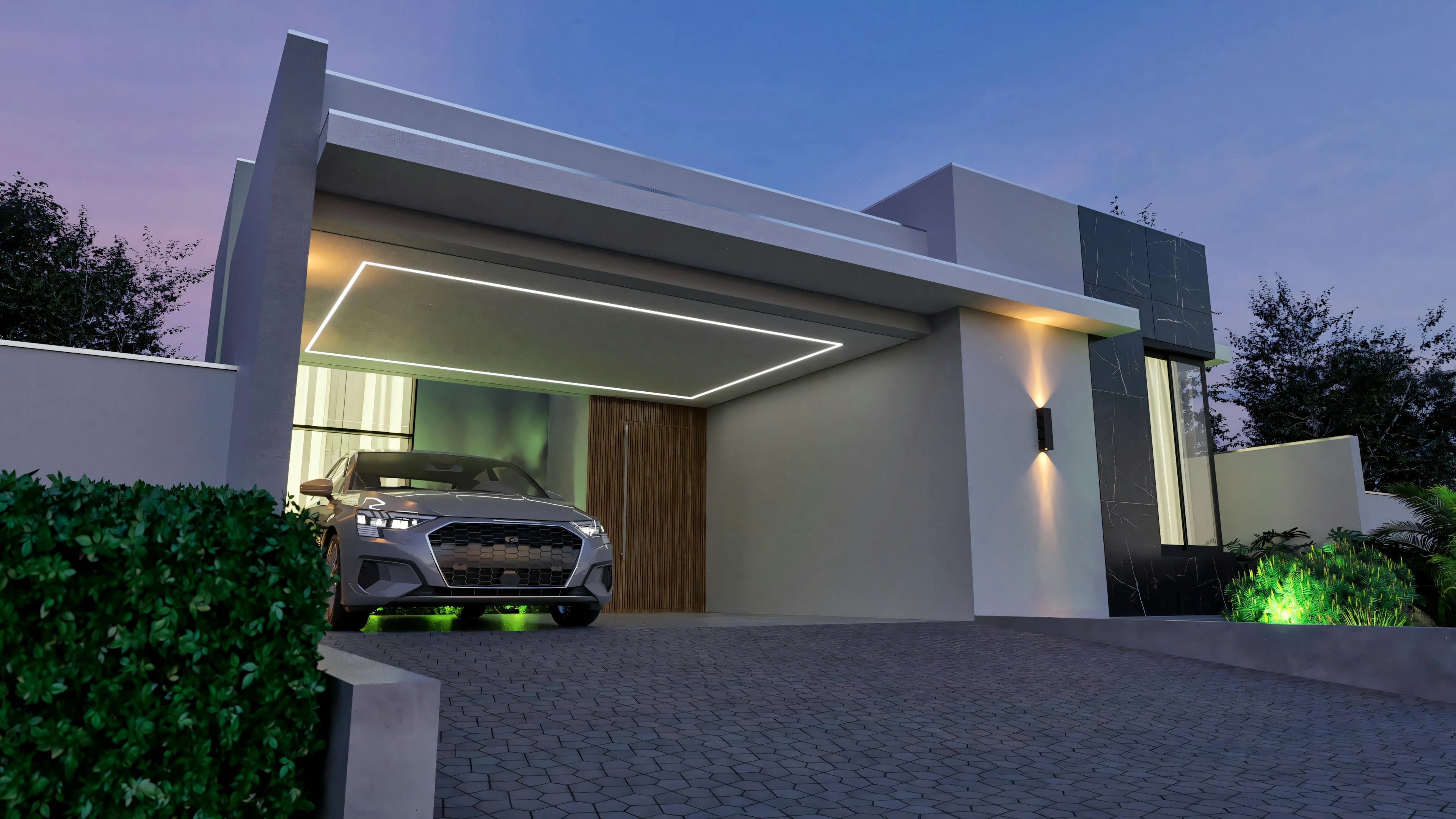 Proyecto de casa de una planta con 3 habitaciones (3 suites) y 196m², mostrando la fachada iluminada al anochecer. Destaque para la iluminación en LED en el garaje para 2 coches, apliques y detalles arquitectónicos modernos.
