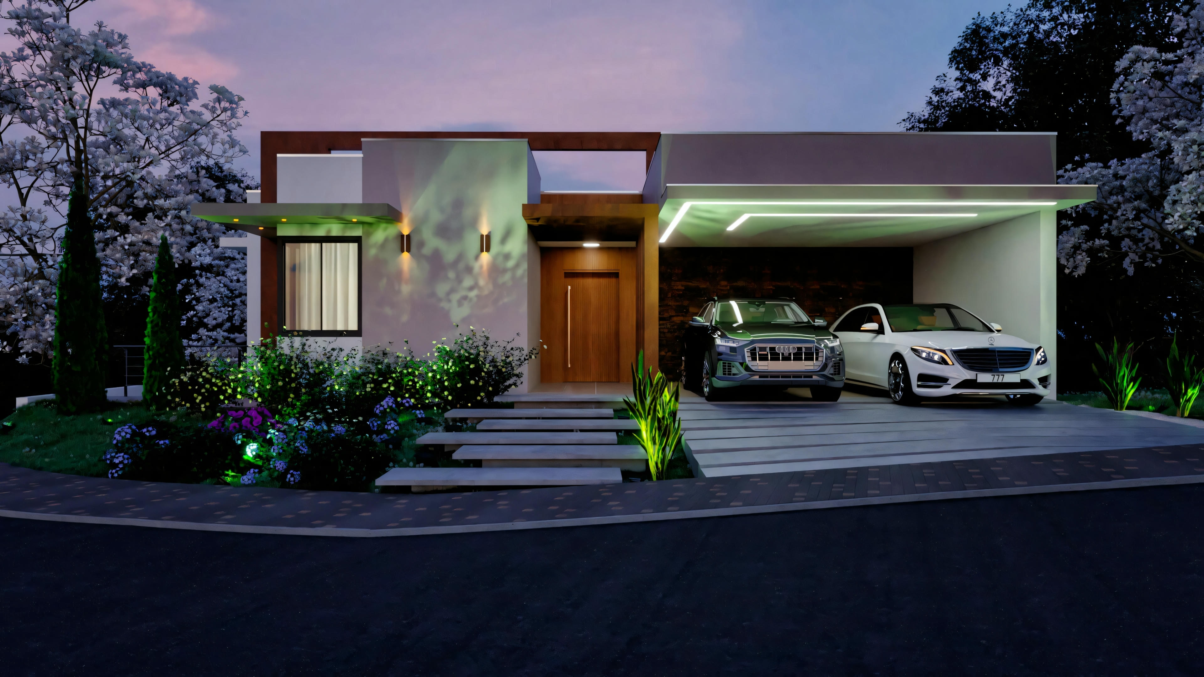 Proyecto listo de casa térrea con 5 suites (364.7m²) en vista nocturna. Fachada moderna con iluminación embutida en el garaje y arandelas destacando la entrada con paisajismo.