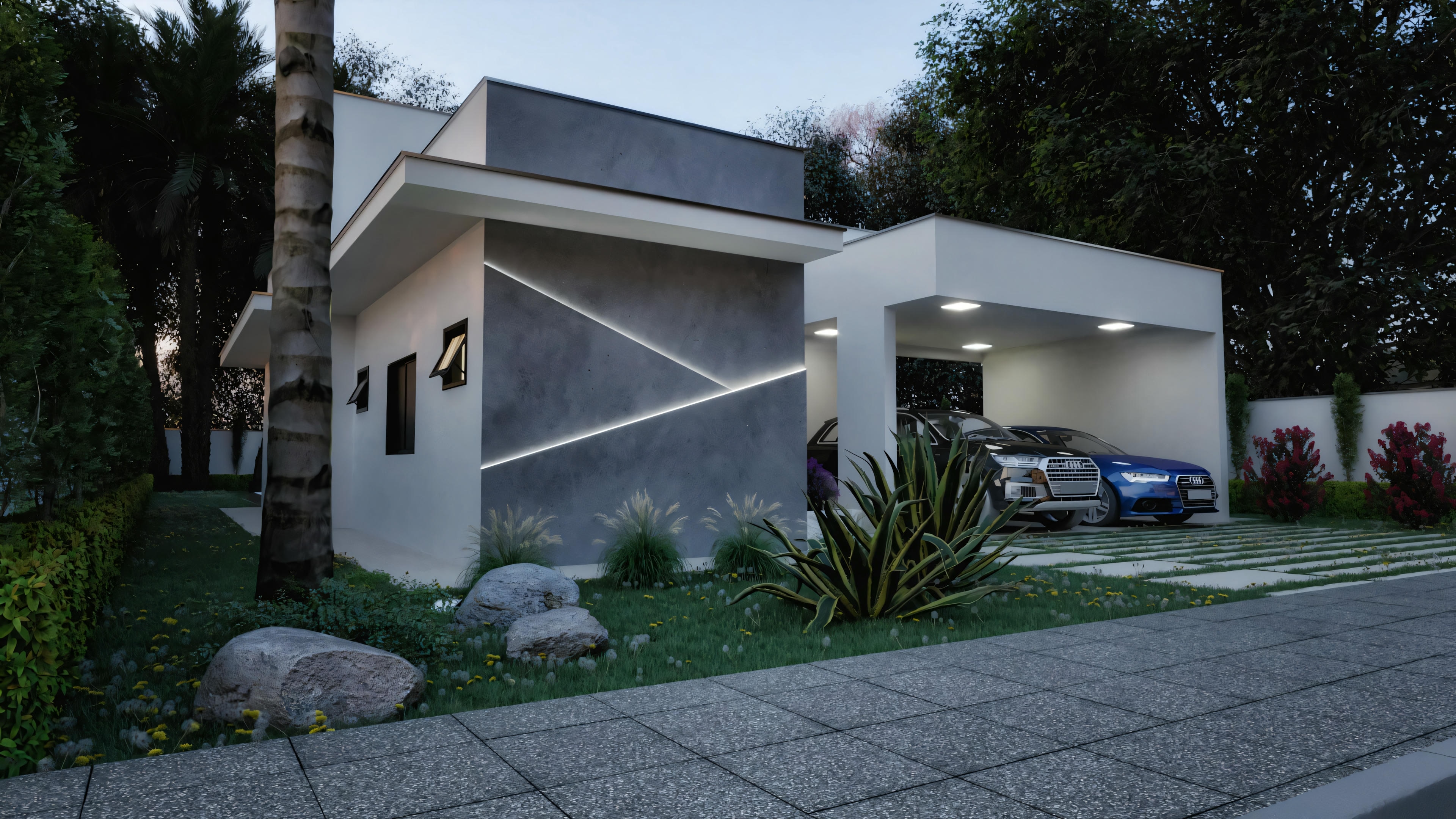 Side perspective of the ready-made single-story house project with 2 suites, showing the modern facade with decorative line detail. 170.8sqm house on an 18x30 lot, with 3 bedrooms (2 suites), 4 bathrooms, double garage, and gourmet area included in the plan.