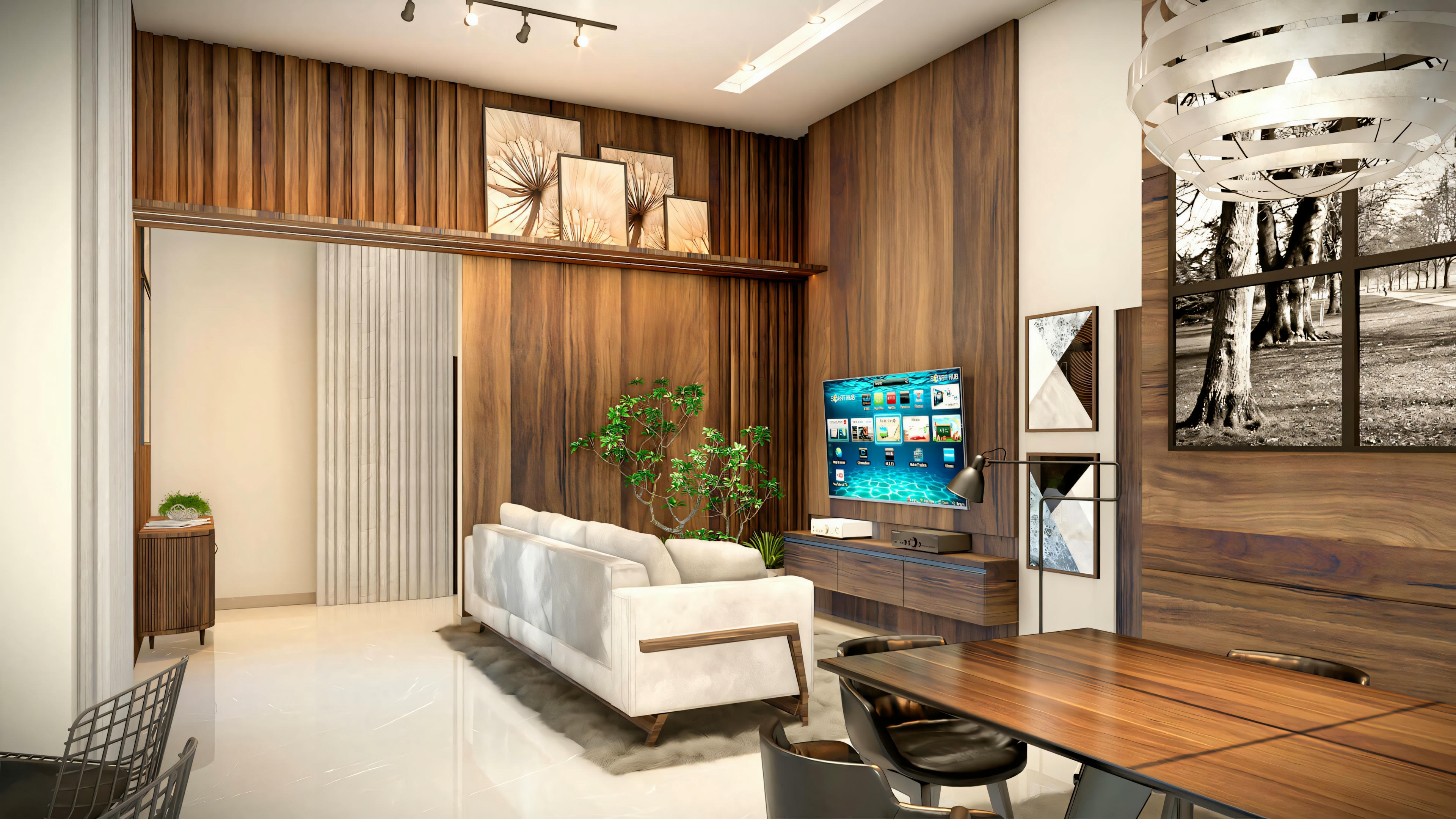 Una sala de estar acogedora con sofá, sillas y un televisor montado en un panel de madera.