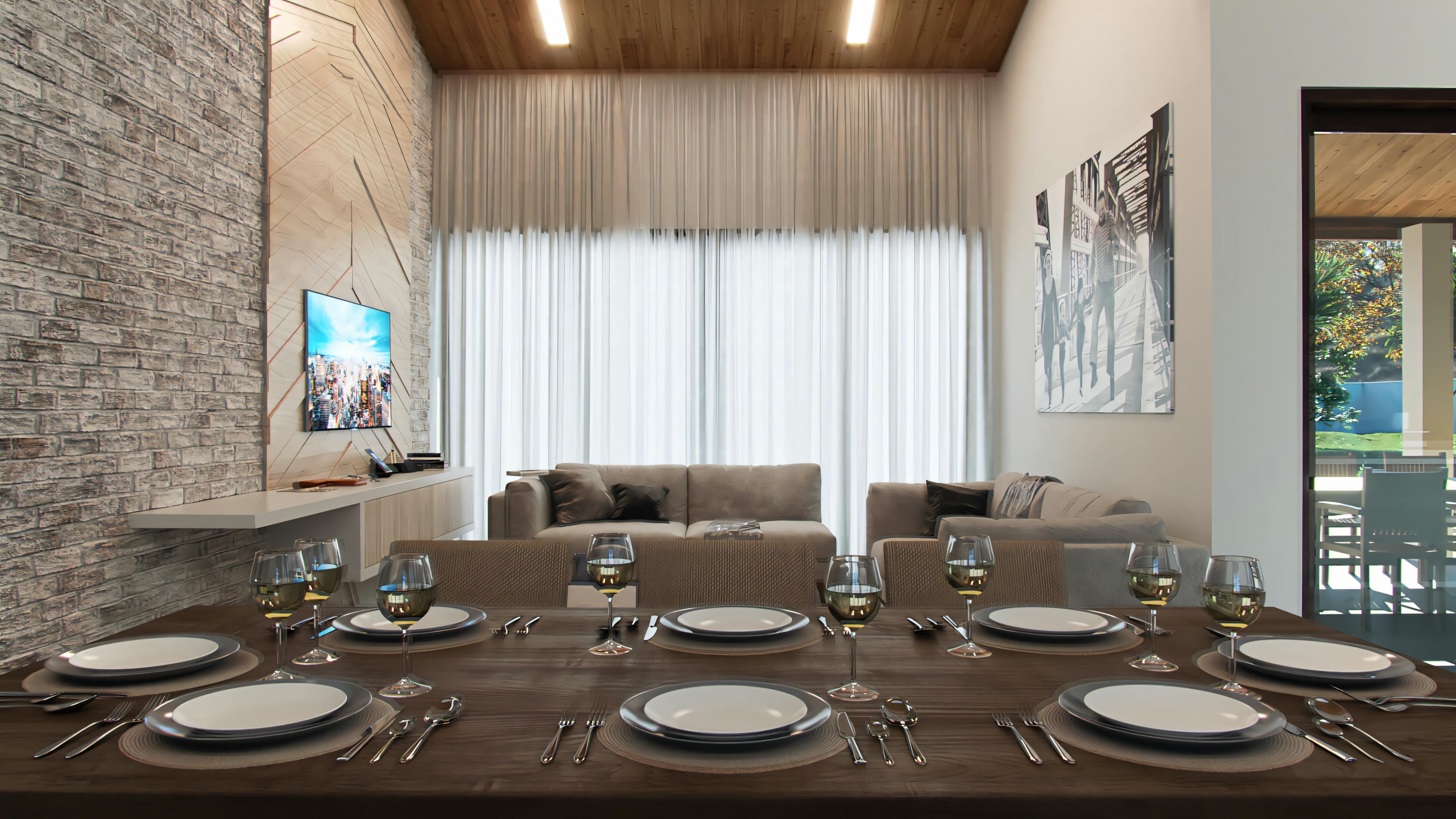 Uma área de jantar com mesa para seis pessoas, grandes janelas e um lustre elegante.