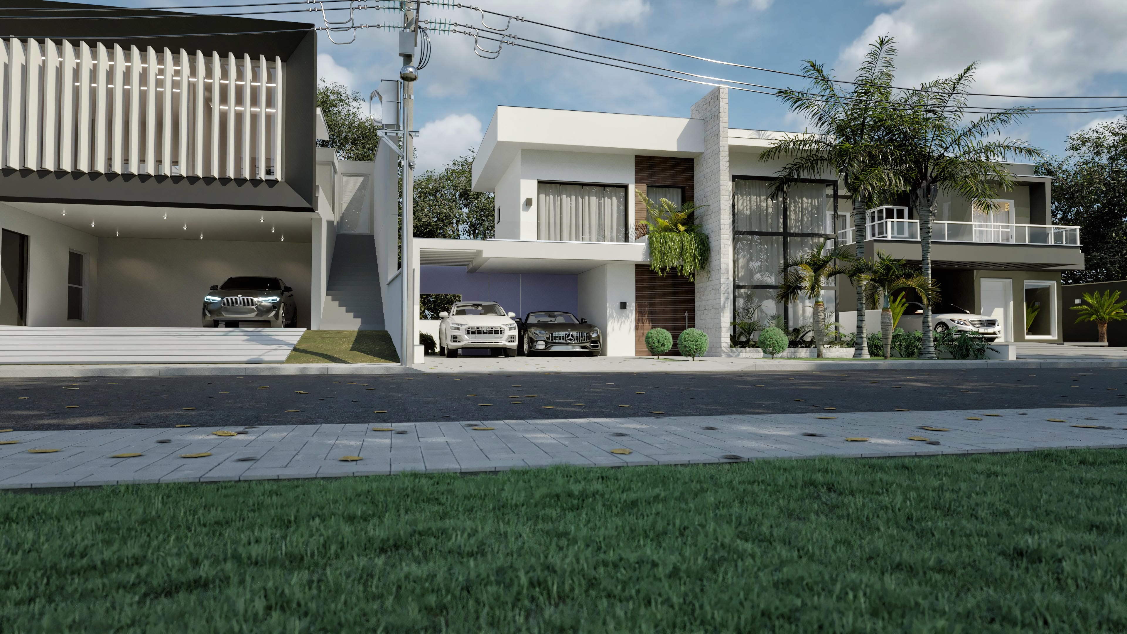 Fachada moderna de sobrado com elementos em branco e madeira, grandes janelas, piscina e área gourmet. Design sofisticado com volumes integrados e paisagismo.