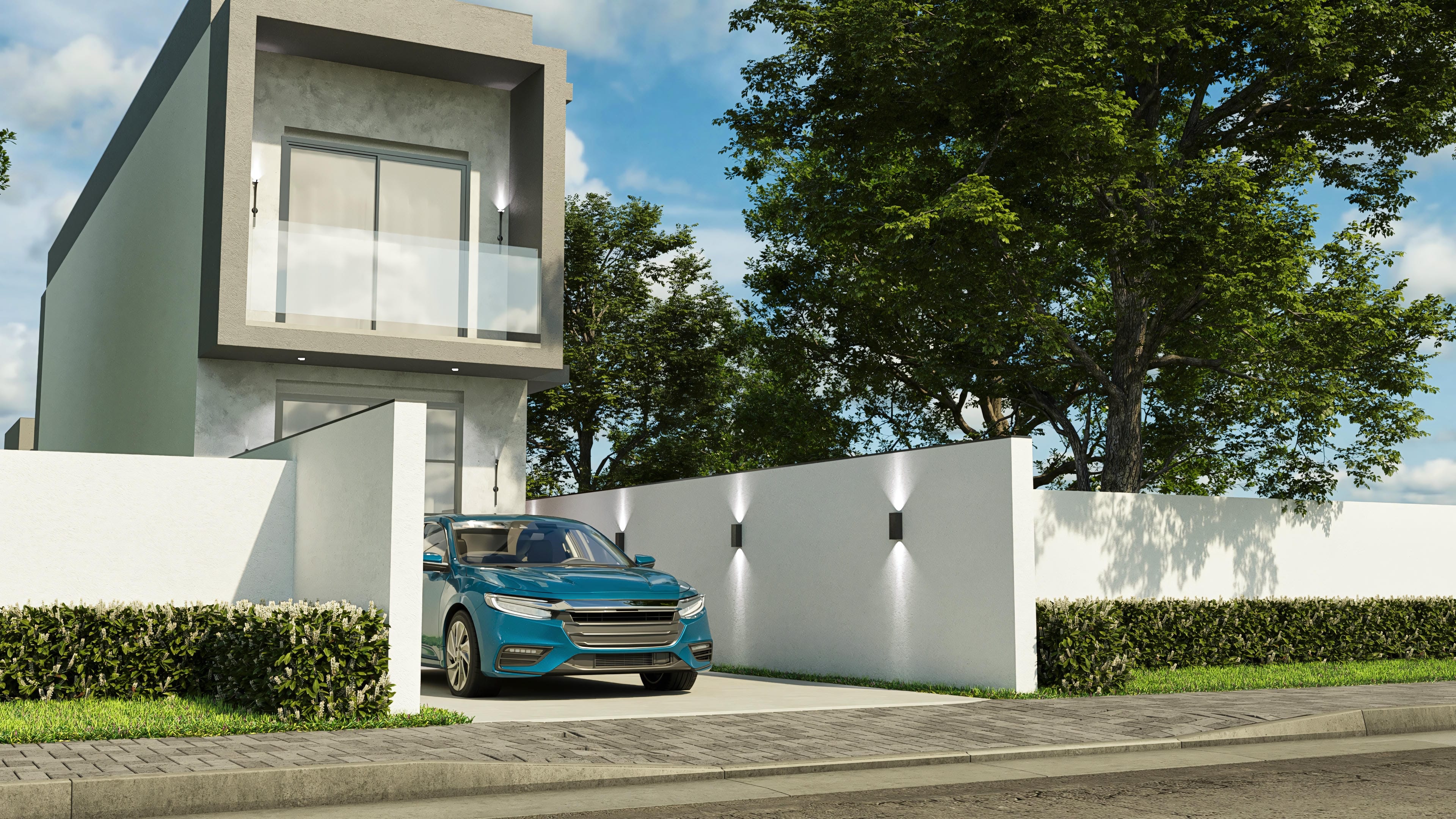 Fachada moderna de sobrado com volumes geométricos em tons neutros, janelas amplas com caixilhos escuros e guarda-corpo de vidro, integrando-se à vegetação exuberante.