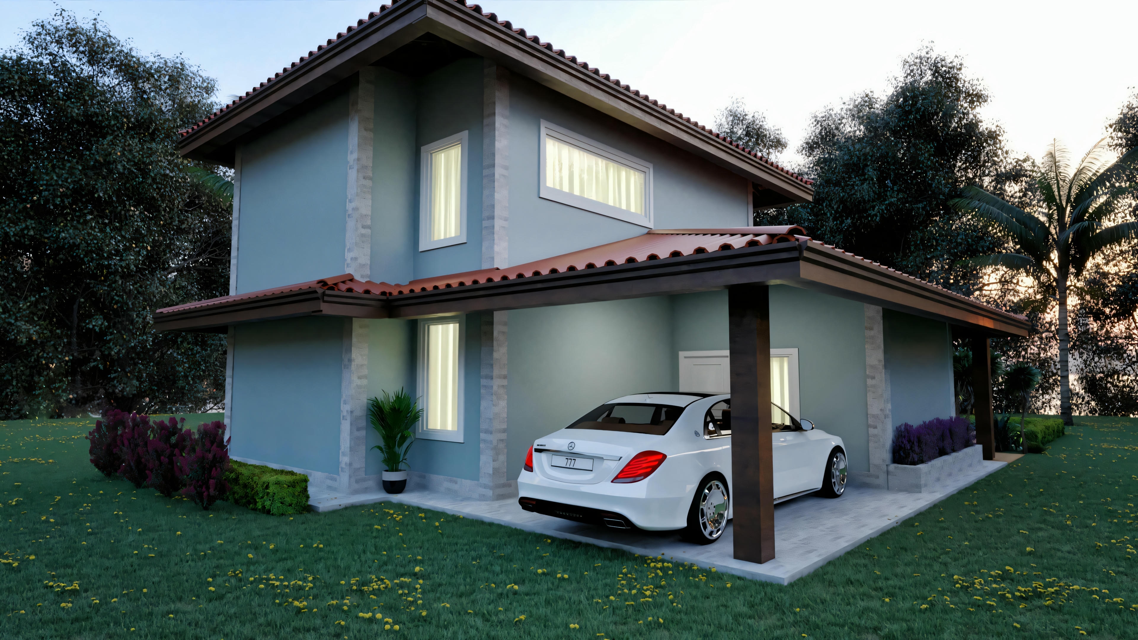 White car parked in the driveway of a two-story house with a blue roof and surrounding greenery.