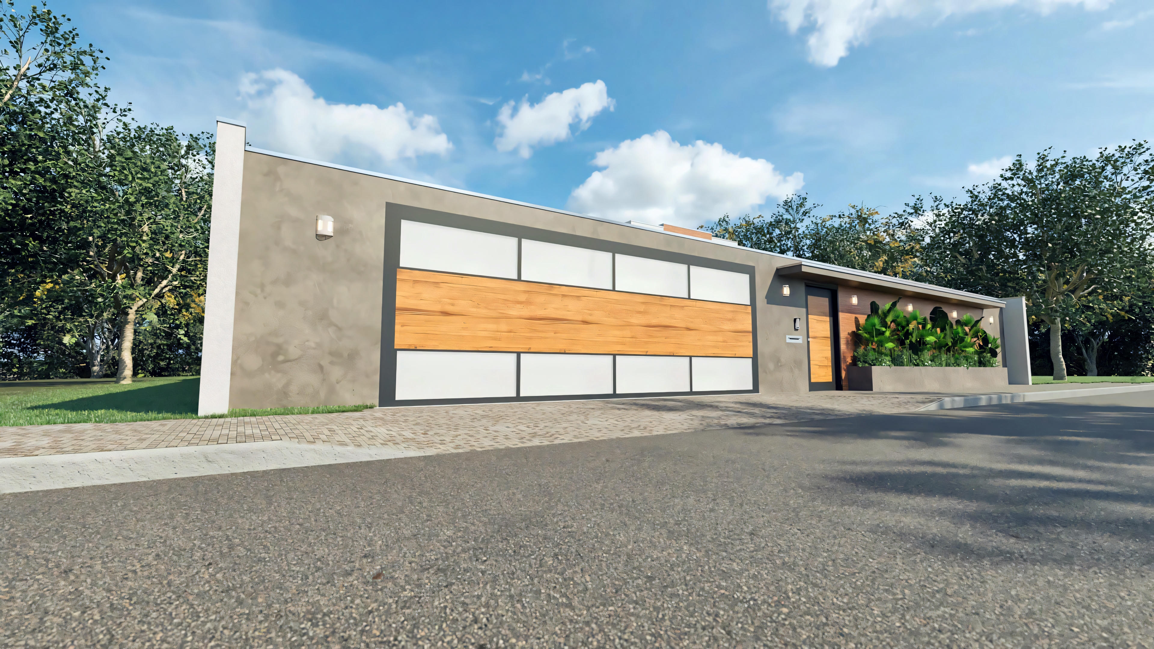 Perspectiva de la pared y portón de entrada para casa de planta baja de 3 suites (proyecto de 276.43m²); vista de la calle mostrando diseño moderno con madera, iluminación empotrada y paisajismo.
