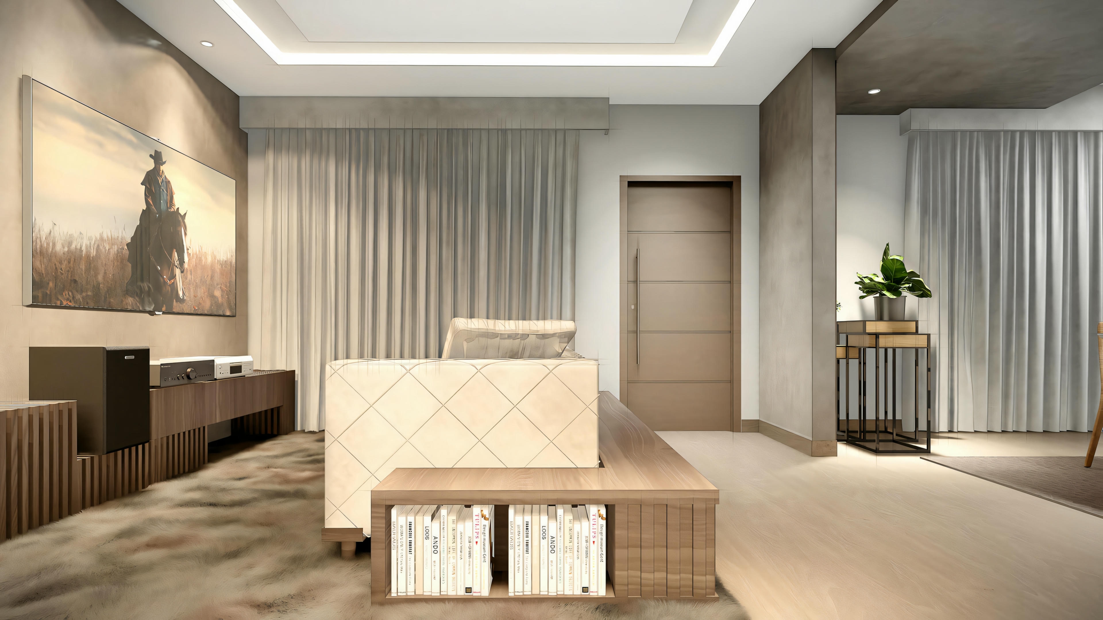 Bedroom with a large bed, side tables, and a neutral color scheme with gray tones and ambient lighting.