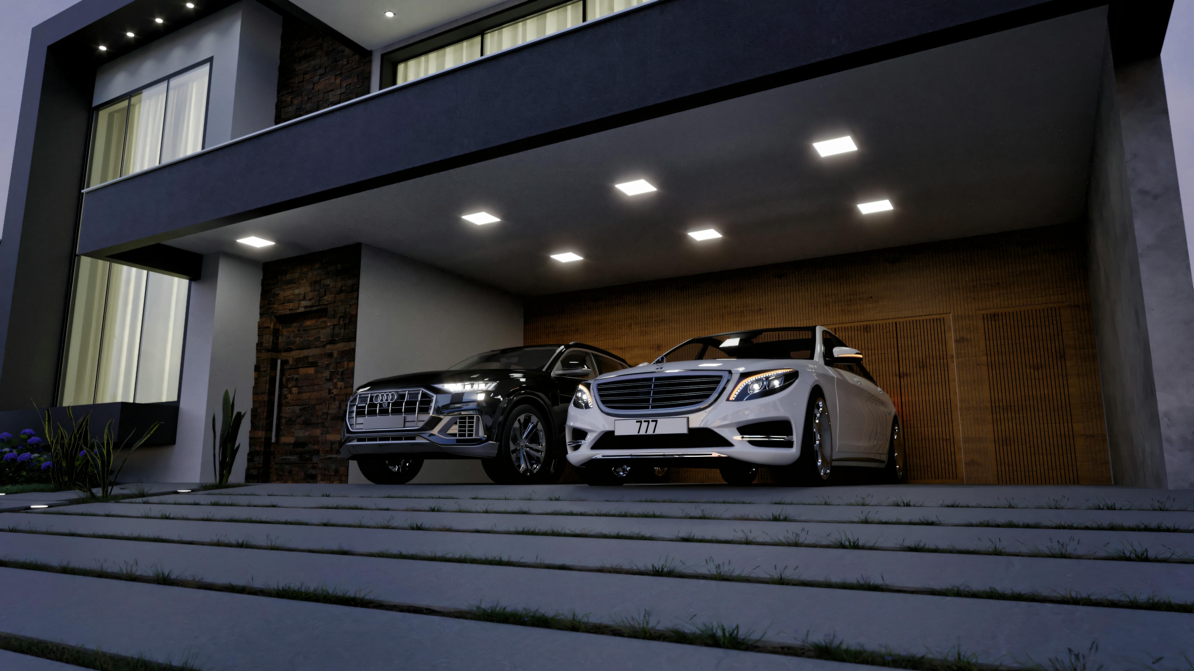 Detalle nocturno del garaje cubierto para 2 autos en casa de alto estándar con 5 suites. Vista en ángulo bajo con iluminación de techo encendida, destacando los vehículos y el revestimiento en madera al fondo.