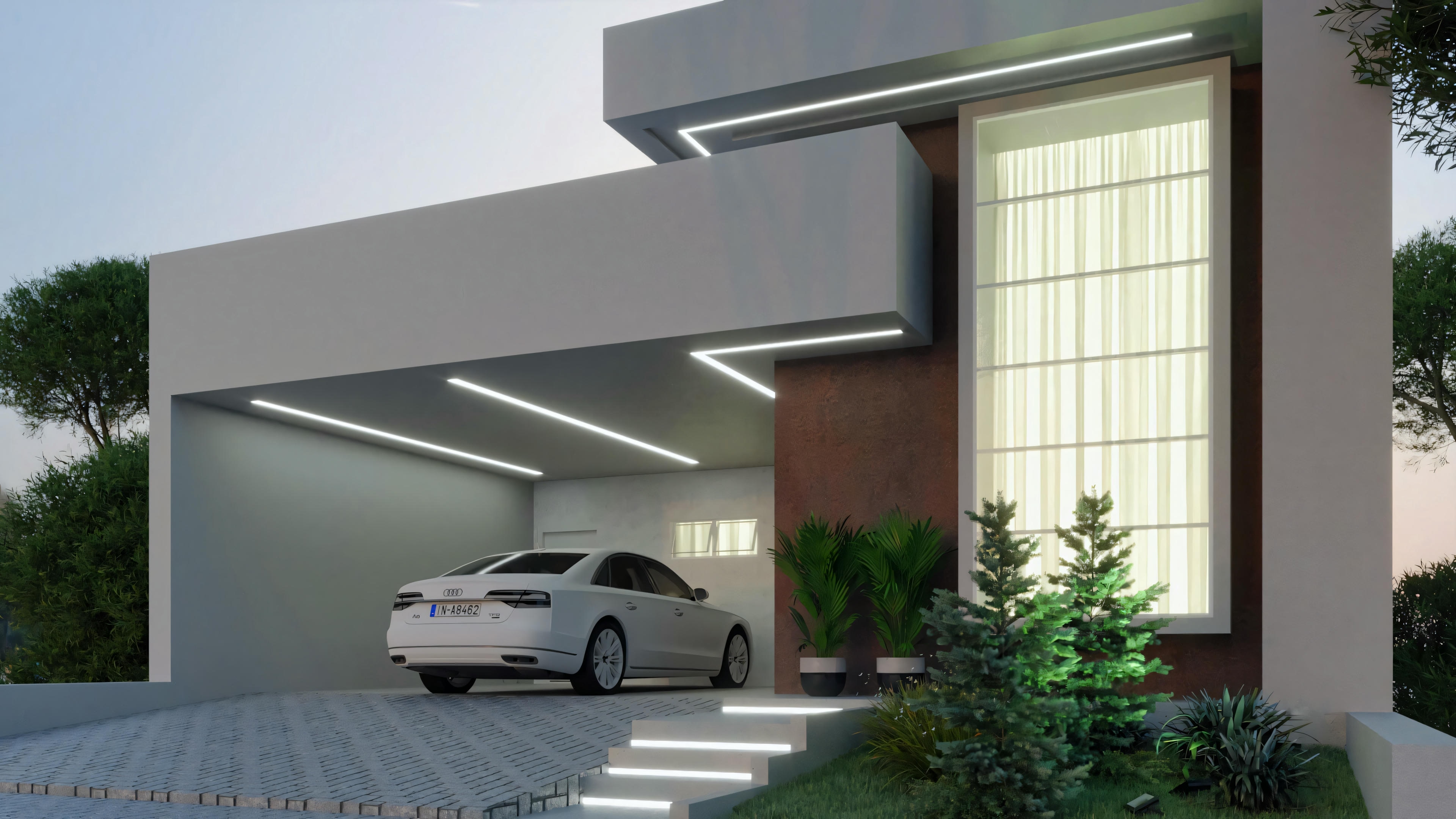 Exterior de uma casa contemporânea com grandes janelas e um carro estacionado na frente.