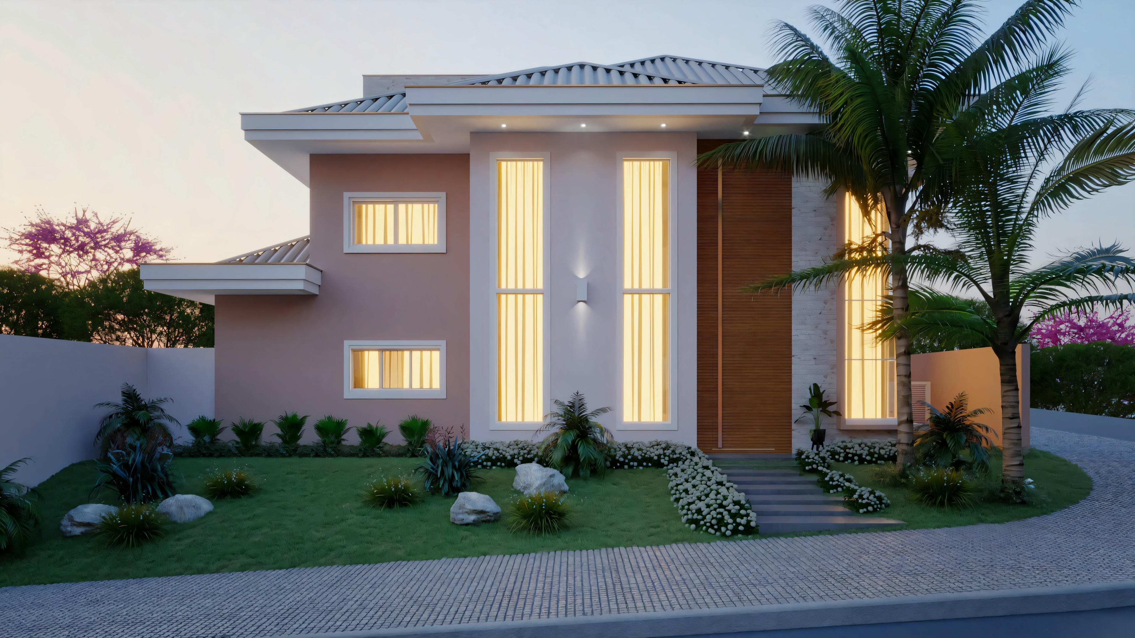 Uma casa de um andar com fachada escura, palmeiras no jardim da frente e céu ao entardecer ao fundo.