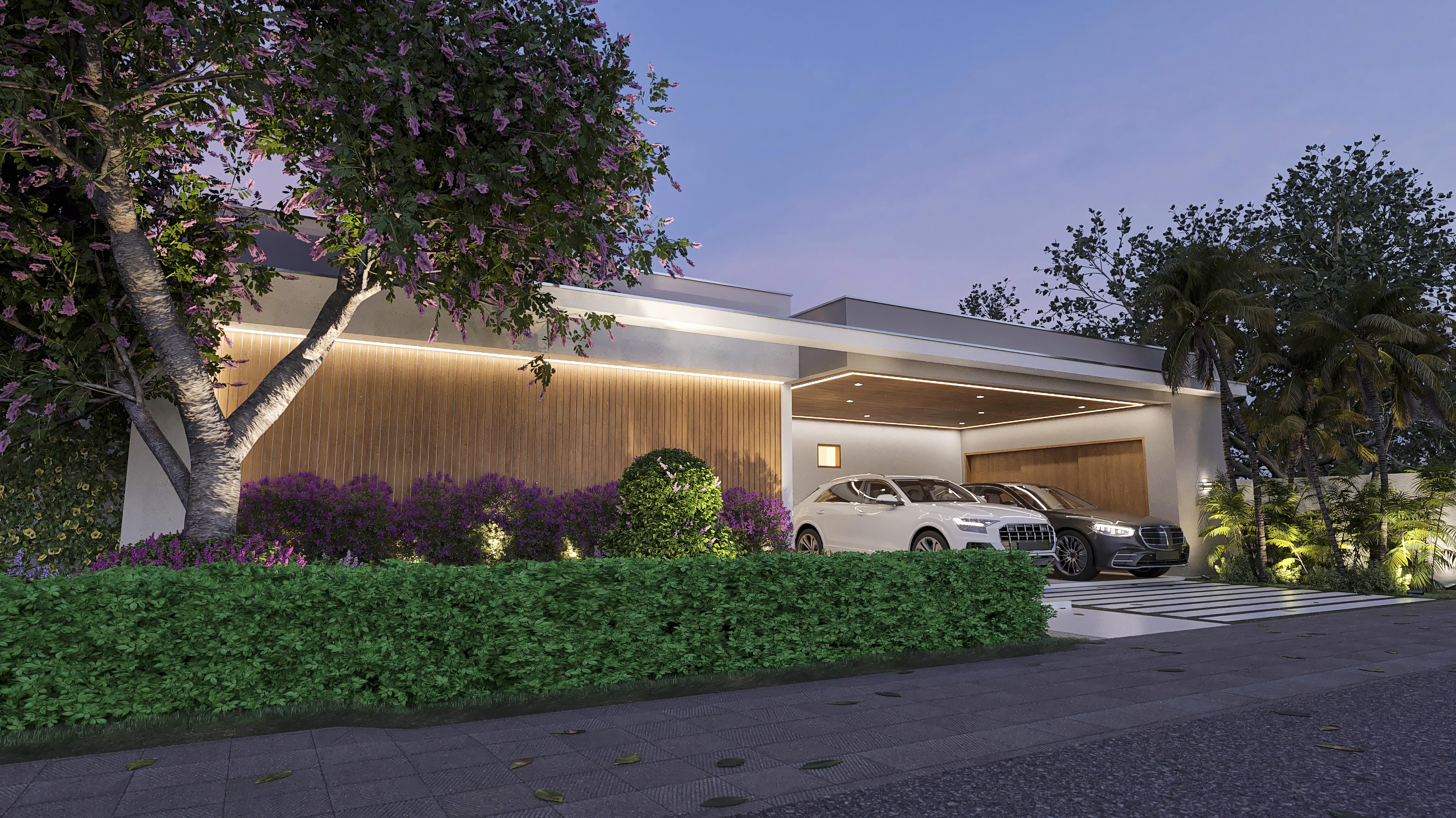 Fachada de casa de una planta moderna con revestimiento de madera vertical, iluminación LED empotrada y paisajismo exuberante con flores moradas y arbustos.