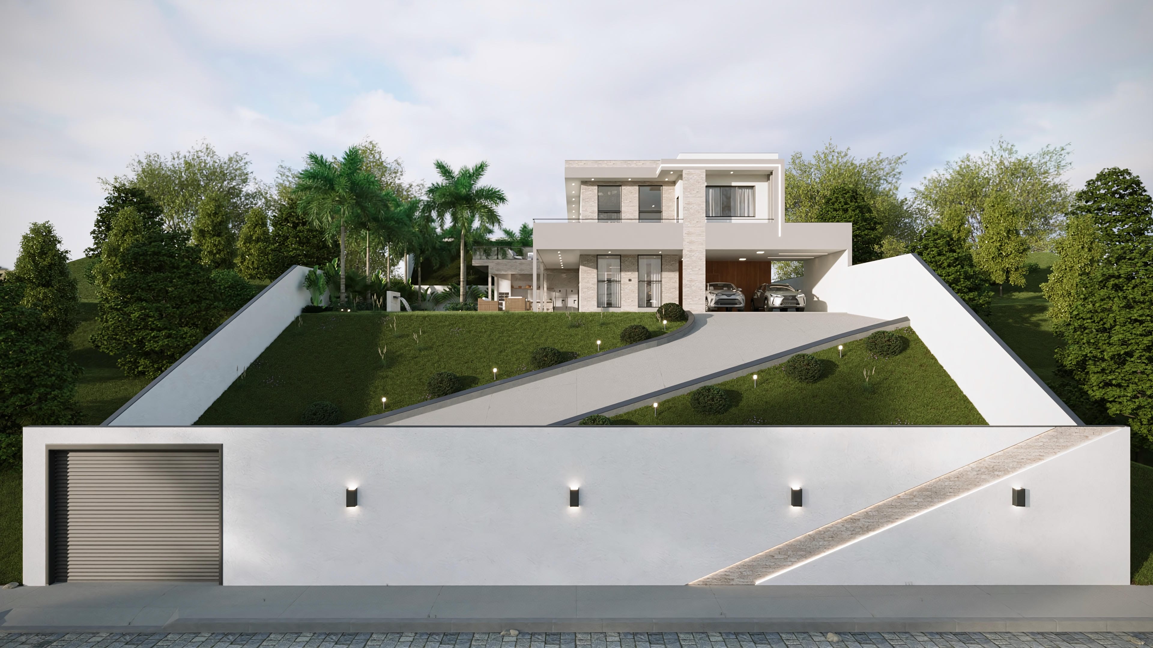 Fachada de casa de dos plantas moderna con 4 suites, destacando volúmenes en blanco y gris, texturas de piedra y amplia área de ocio con piscina y gourmet.