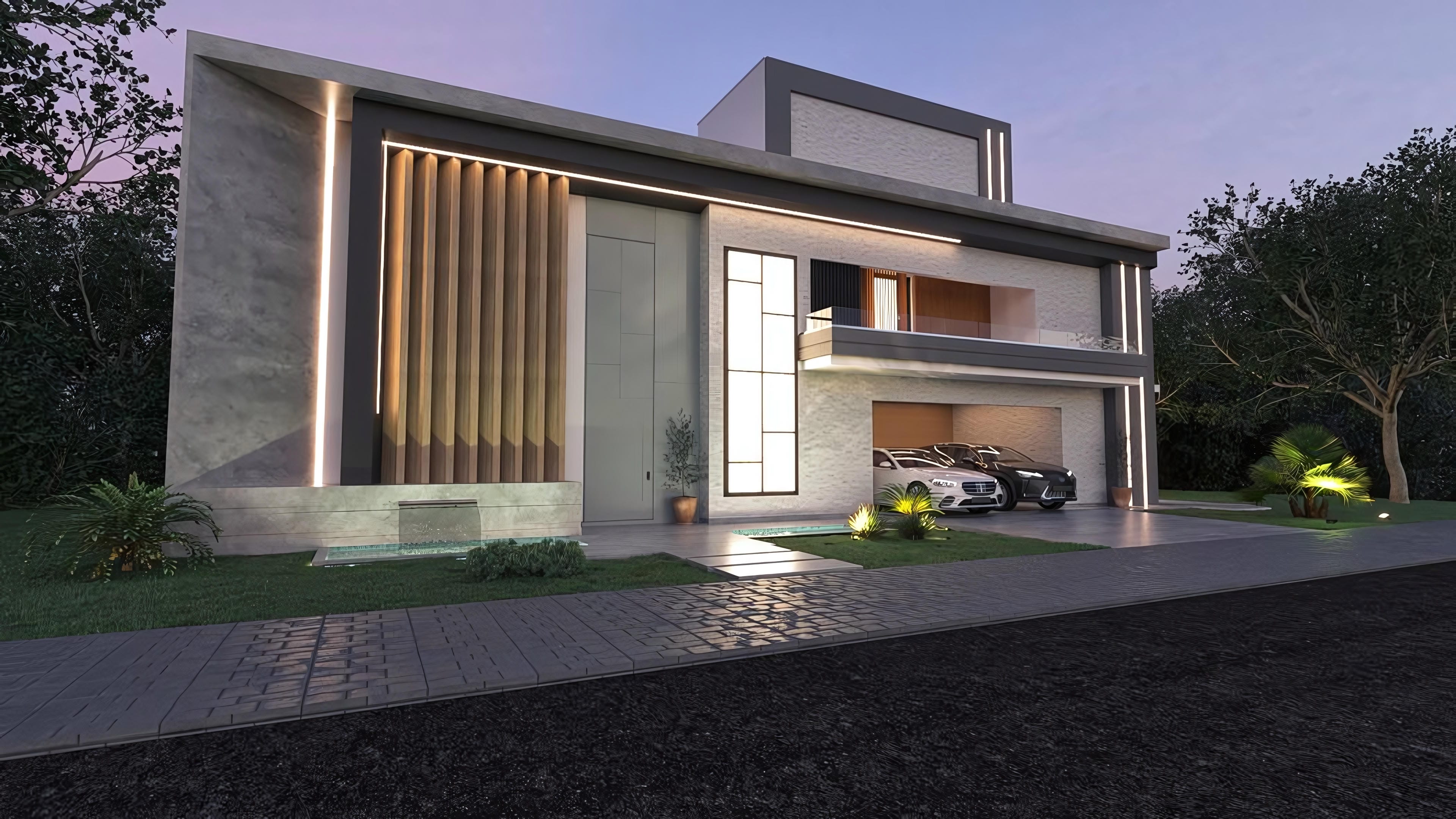 Fachada de casa de dos plantas moderna con 6 suites, playa artificial, área gourmet integrada y garaje. Revestimientos en hormigón visto y madera.