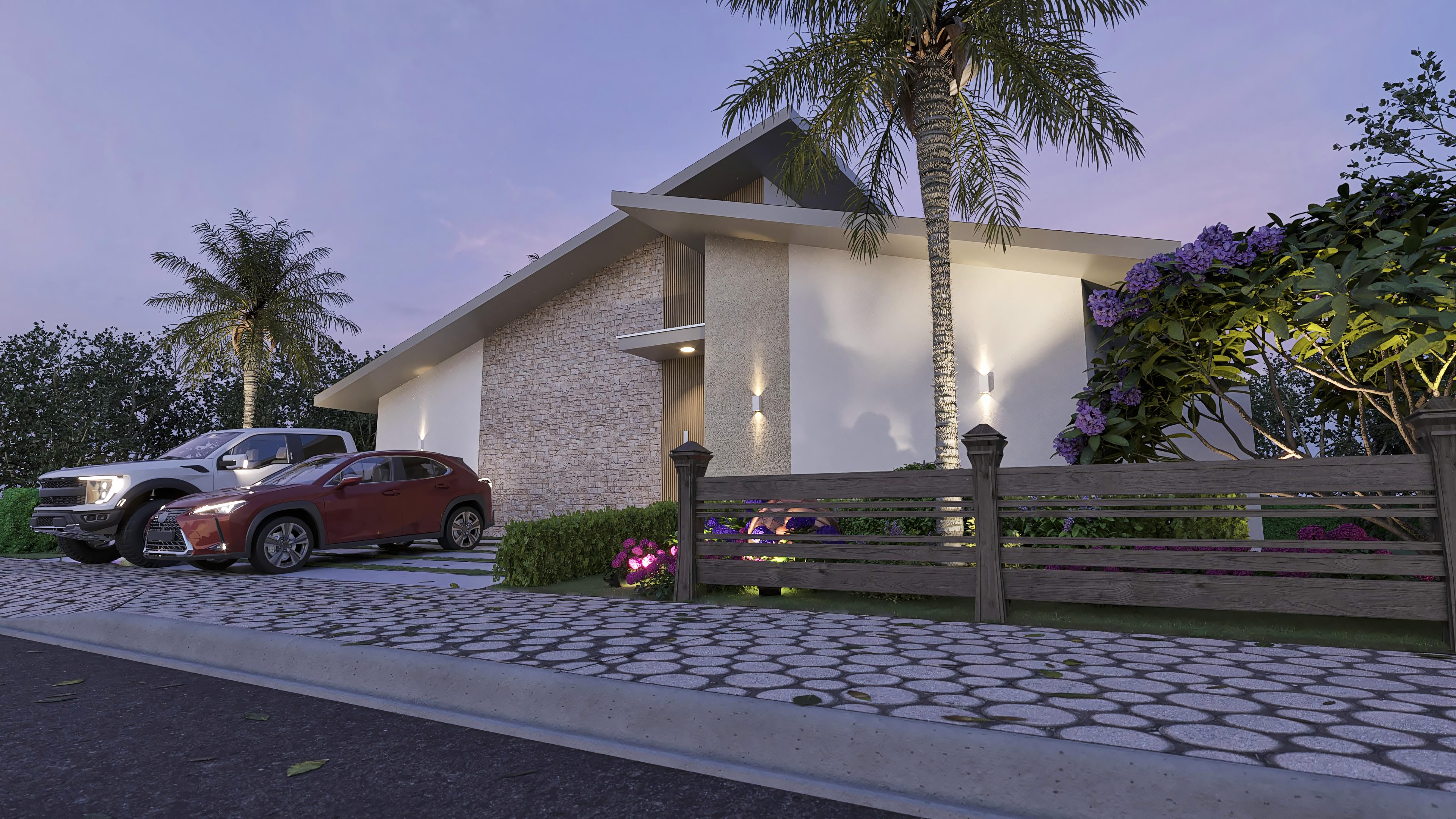 Vista frontal de uma casa térrea moderna com fachada em pedra e detalhes em madeira, laje inclinada e iluminação externa. O paisagismo inclui palmeiras e flores.