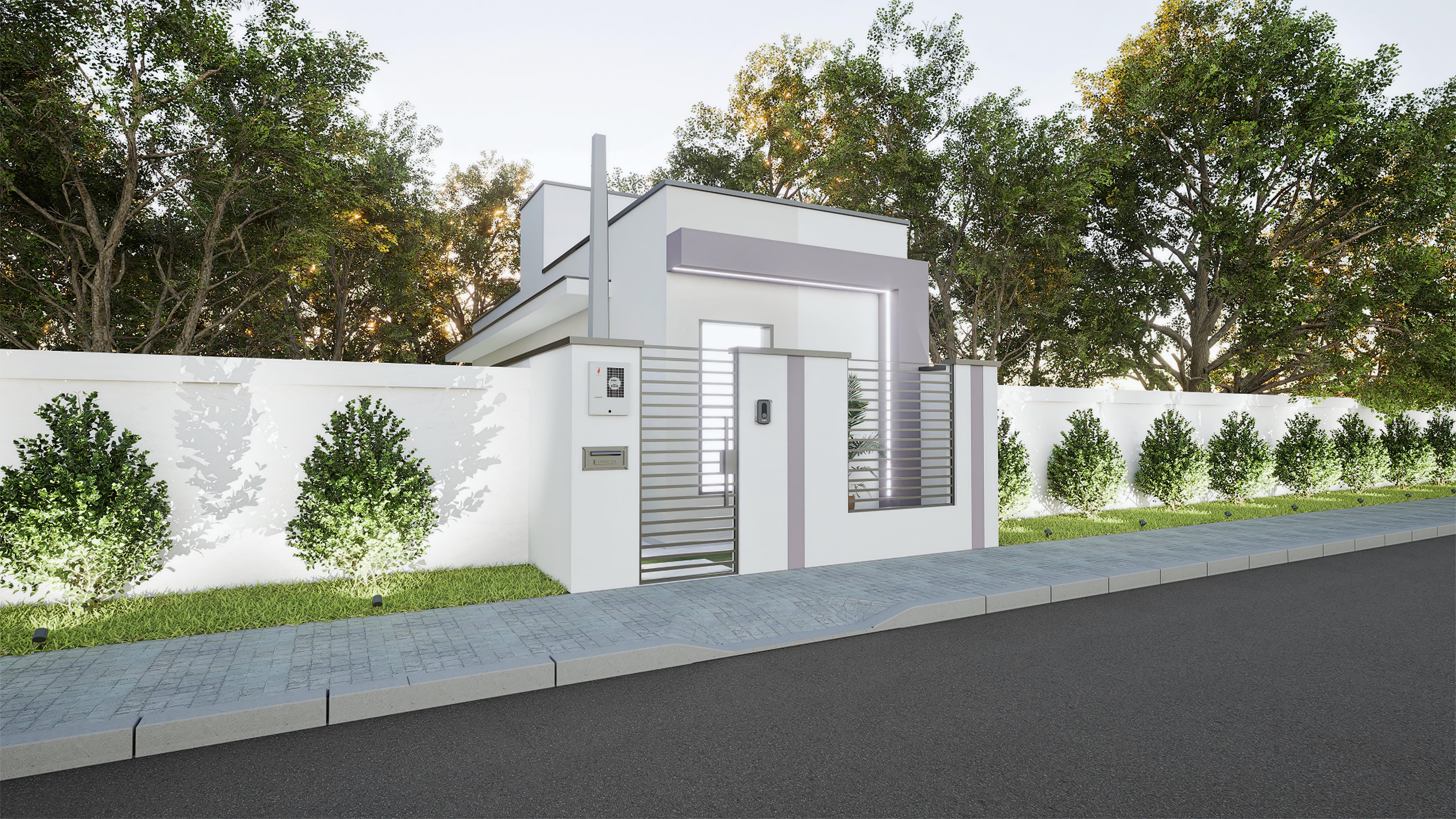 Fachada de casa de una planta moderna, con tonos blancos y grises, portón de metal y paisajismo discreto.