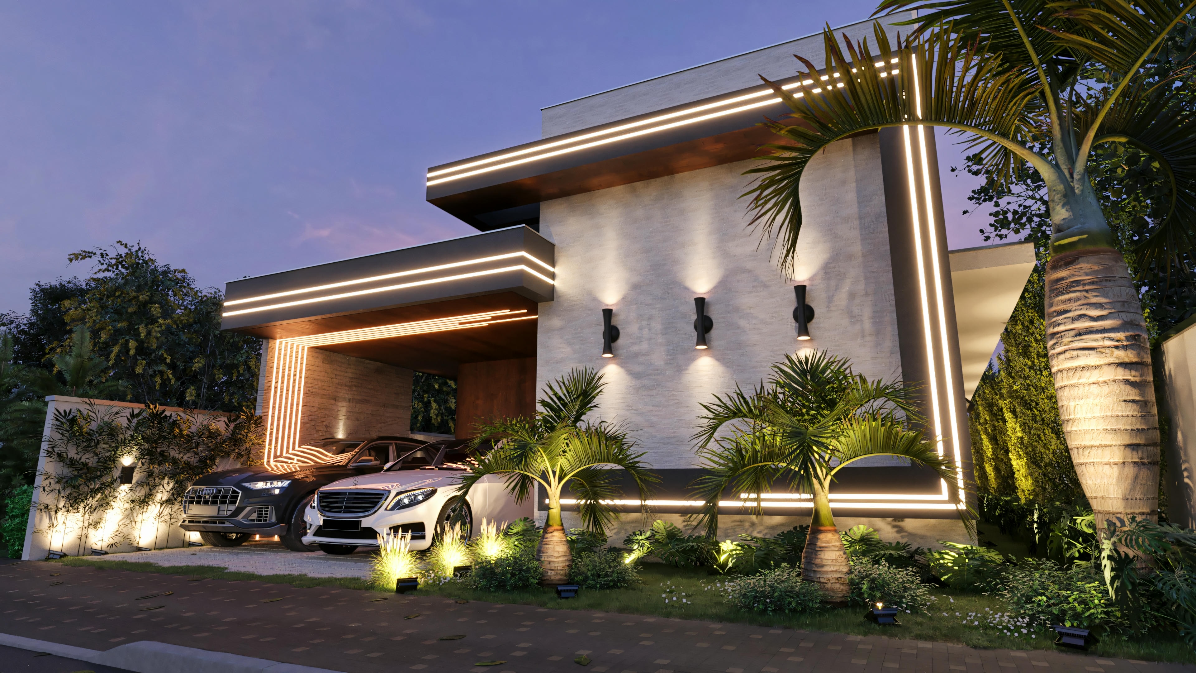 Projeto de casa moderna com 3 quartos, sendo 2 suítes, e garagem para 2 carros, em terreno 12x20. Fachada com iluminação noturna destacando a arquitetura contemporânea de 144.98m² com área gourmet.