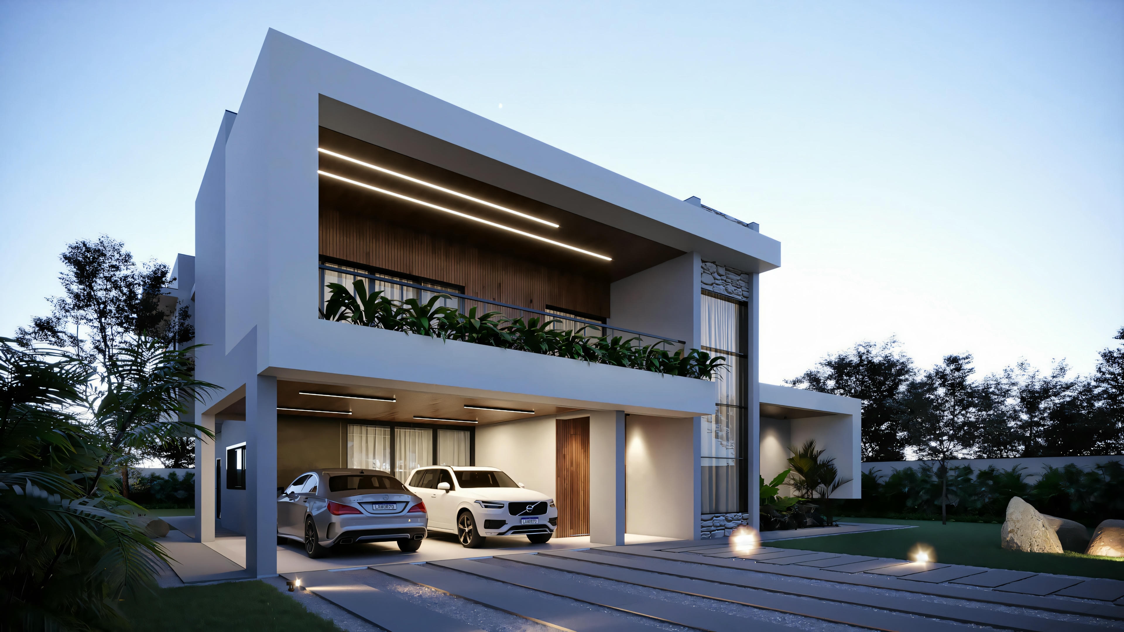 Vista noturna iluminada de projeto de casa pronta com 368.67m². Casa moderna com 3 suítes, área gourmet, garagem para 2 carros, varanda e acabamentos em pedra e madeira.