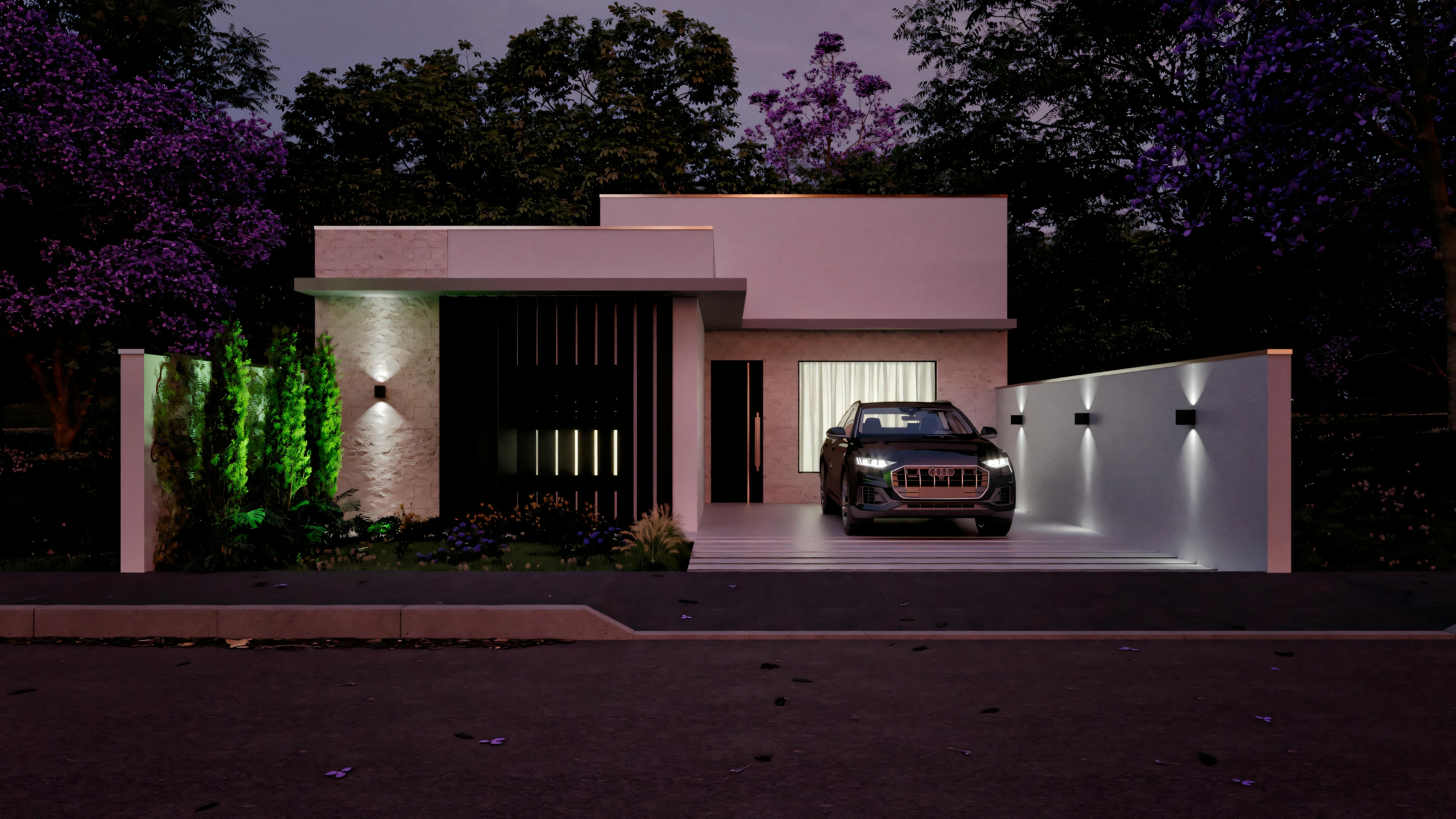 Casa moderna con tejado plano, grandes ventanas e interior iluminado, con portón abierto y coche en la entrada.