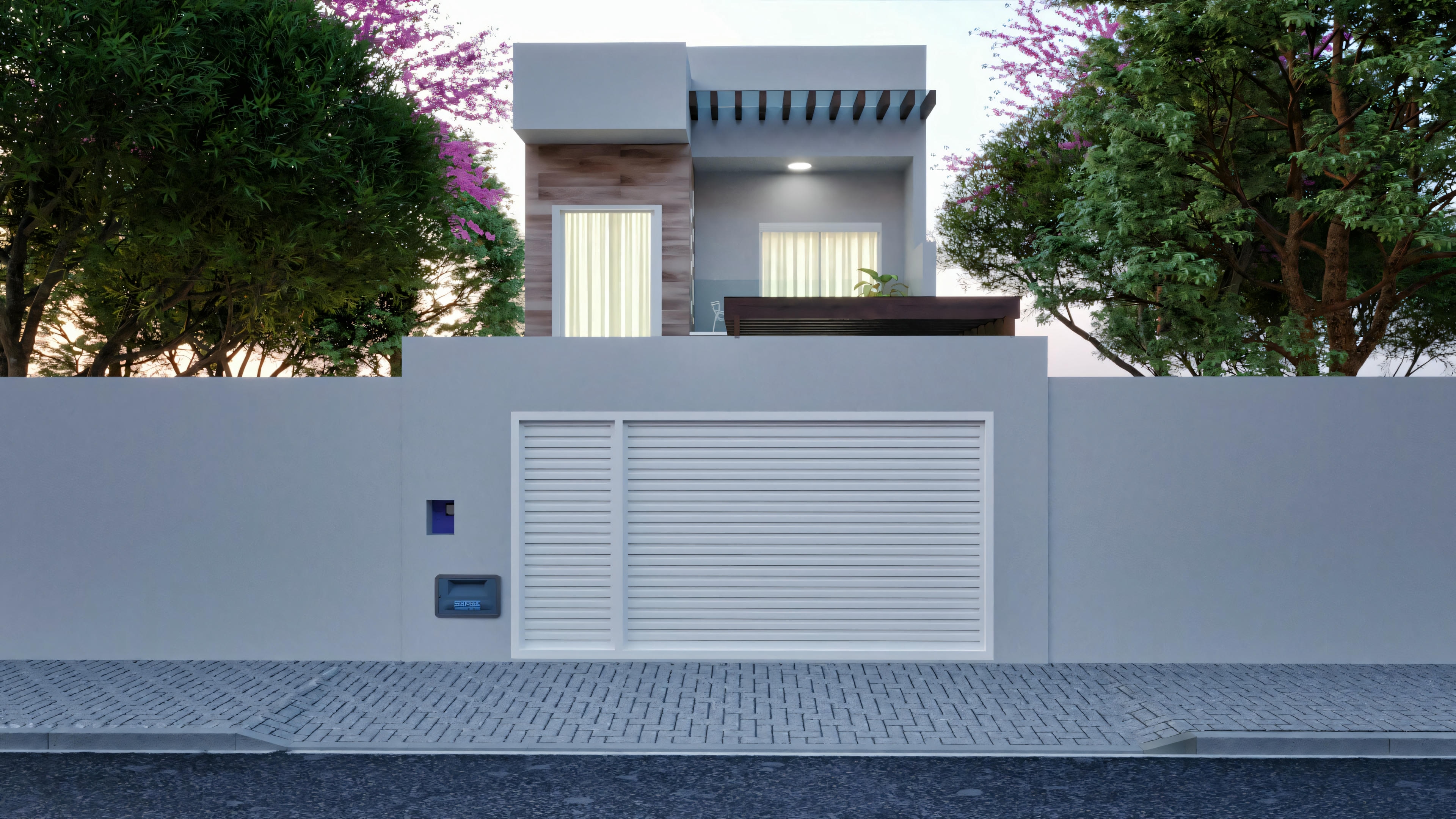 Una casa moderna con techo plano, portón grande y muros altos que ocultan gran parte de la propiedad.