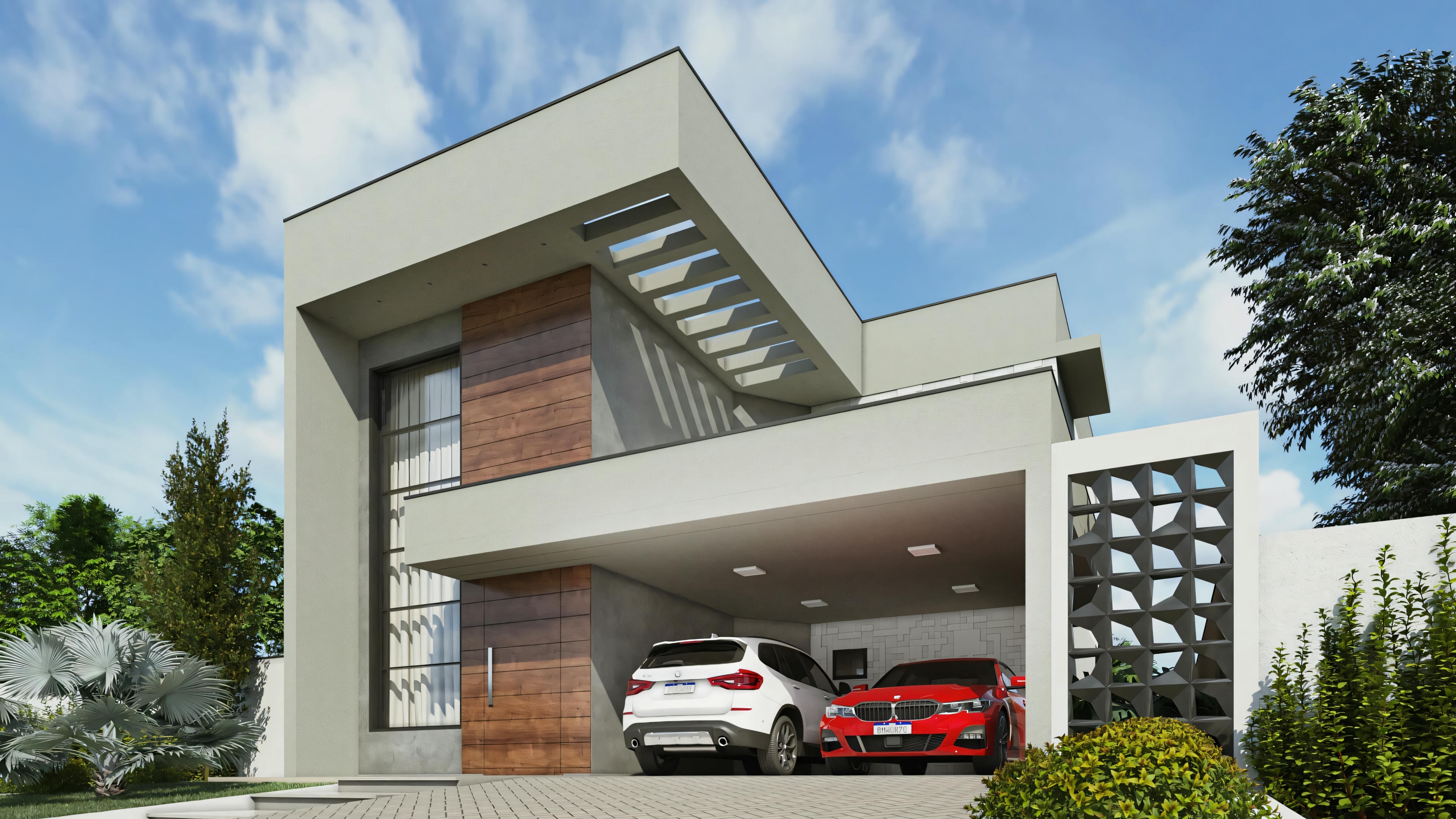 Casa moderna de dois andares com telhado plano, grandes janelas e carro na garagem.