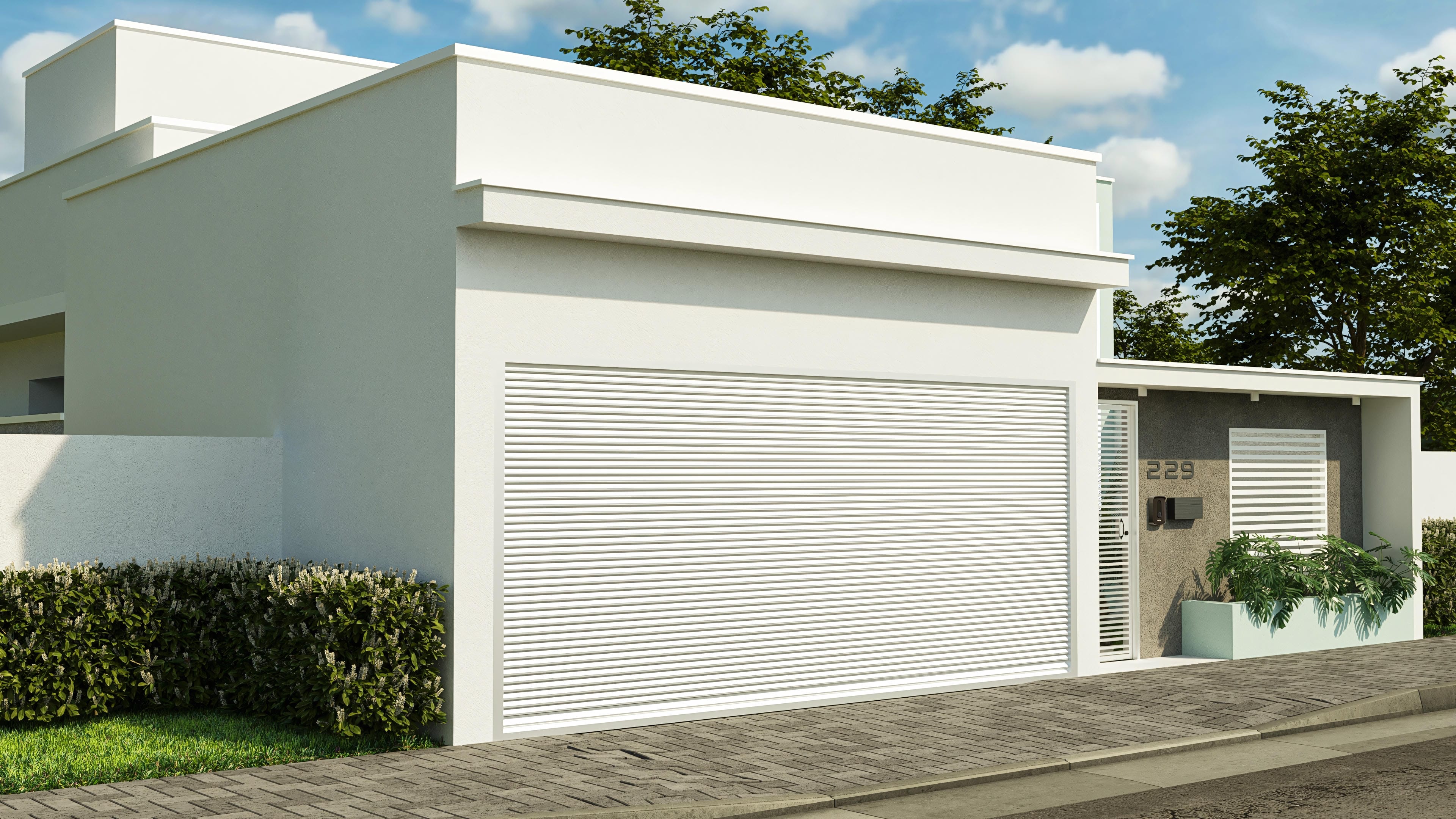Proyecto moderno de casa de una planta con fachada limpia y detalles en blanco, ideal para terrenos de 10x25, con amplia área de ocio y piscina.