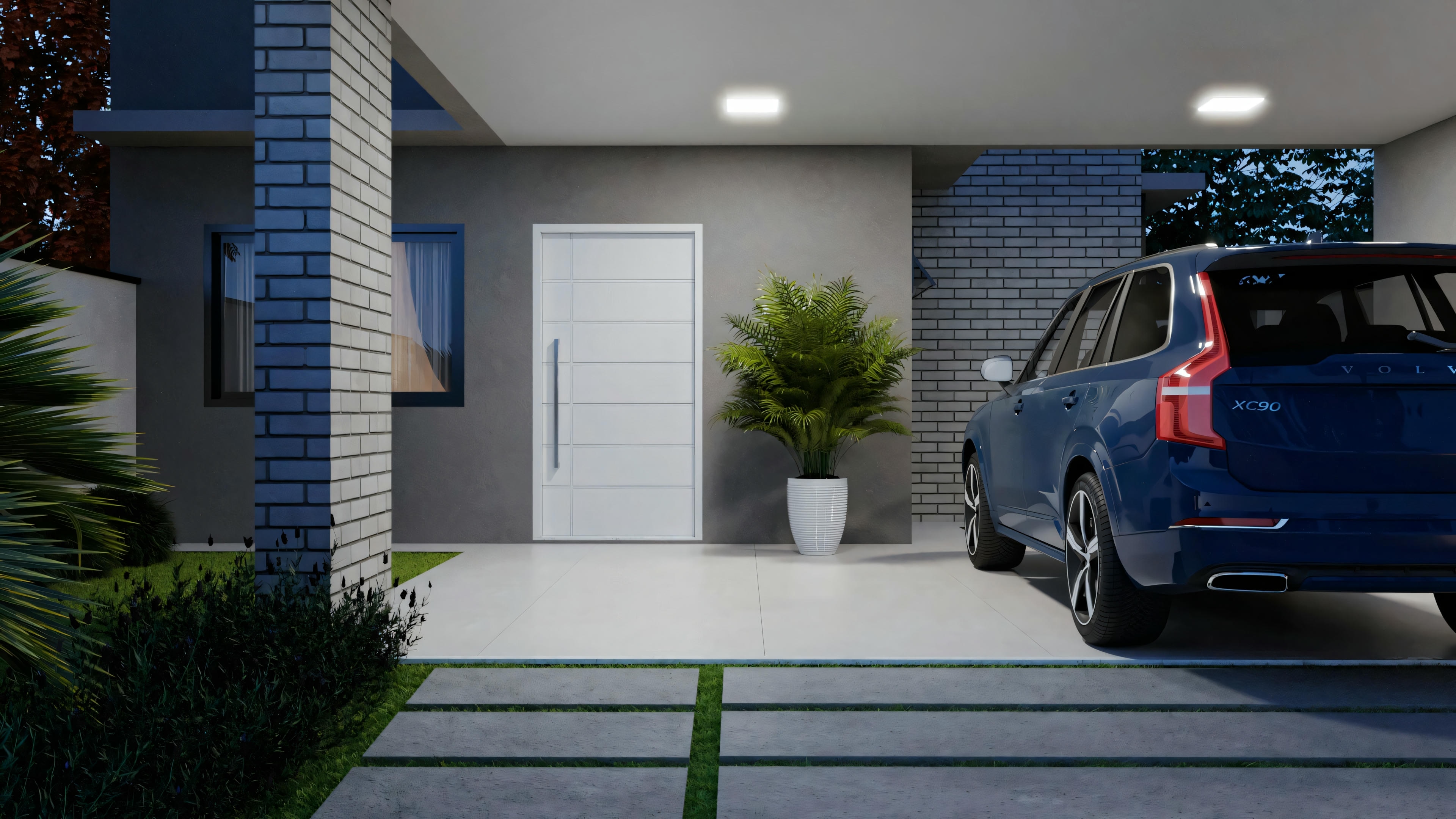 Casa moderna con detalles en ladrillo, entrada iluminada y coche estacionado en frente.