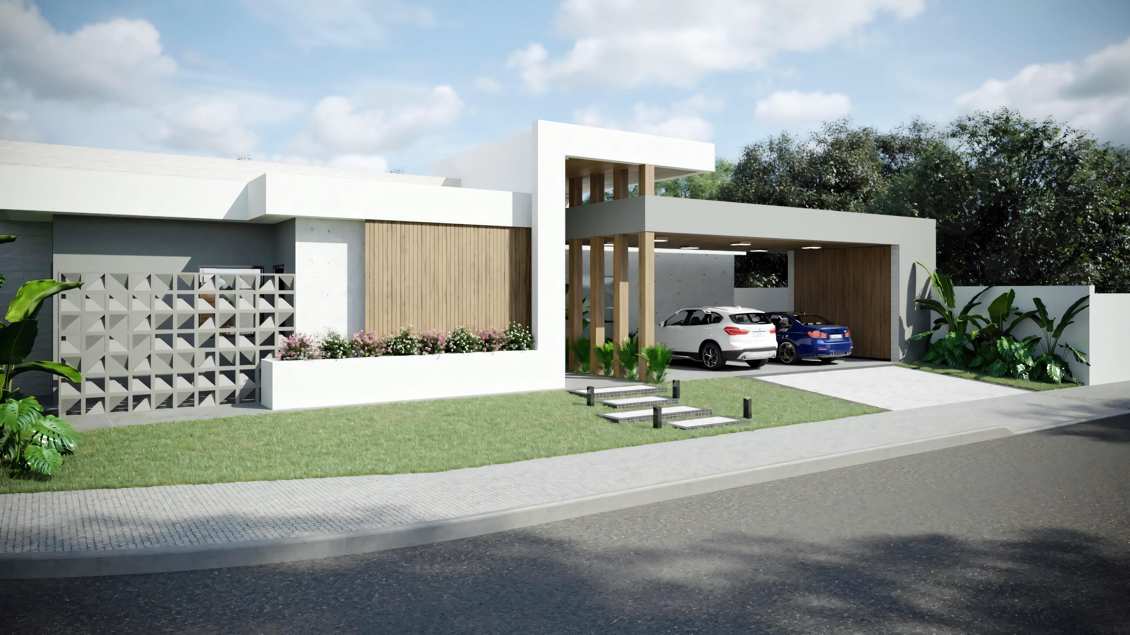 Una casa moderna con diseño minimalista y grandes puertas de vidrio.