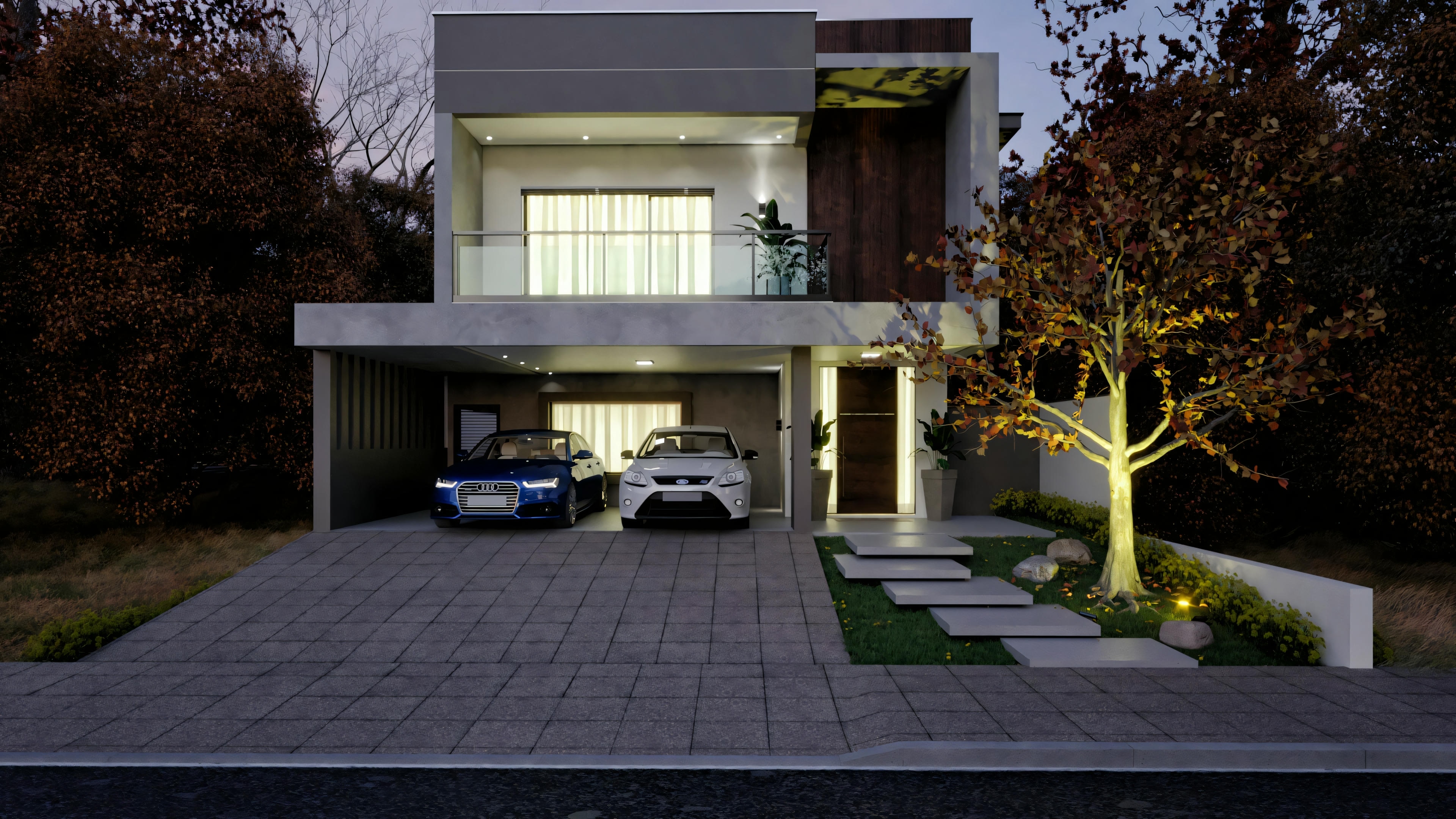 Fachada de uma casa moderna de dois andares com telhado plano, grandes janelas e varanda sobre a entrada.