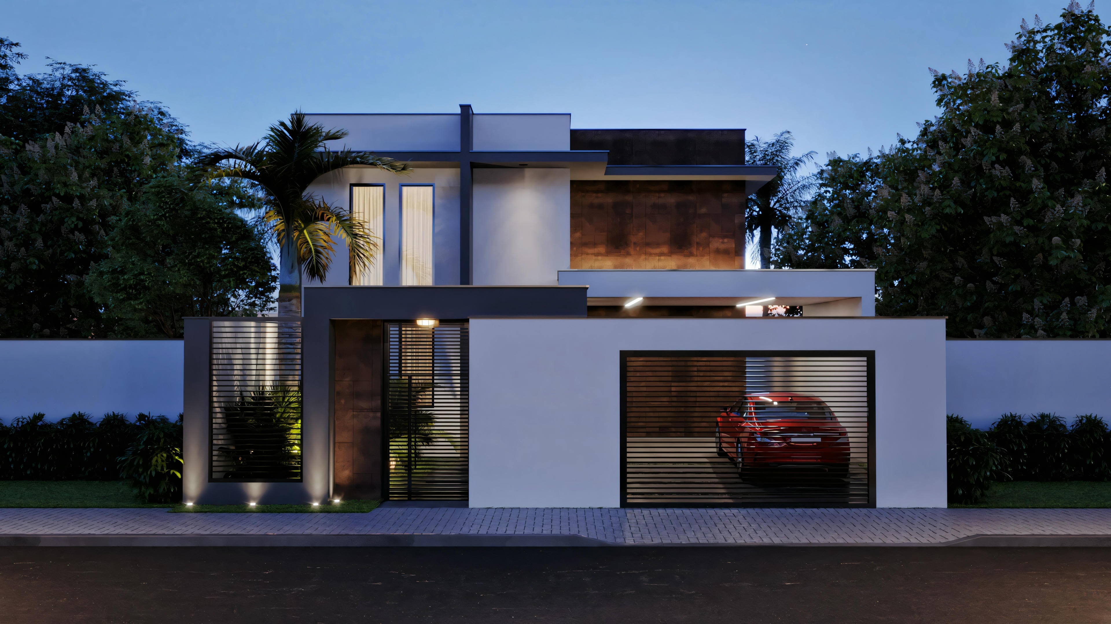 Casa moderna ao entardecer com luzes internas acesas, telhado plano, grandes janelas e garagem com carro visível.