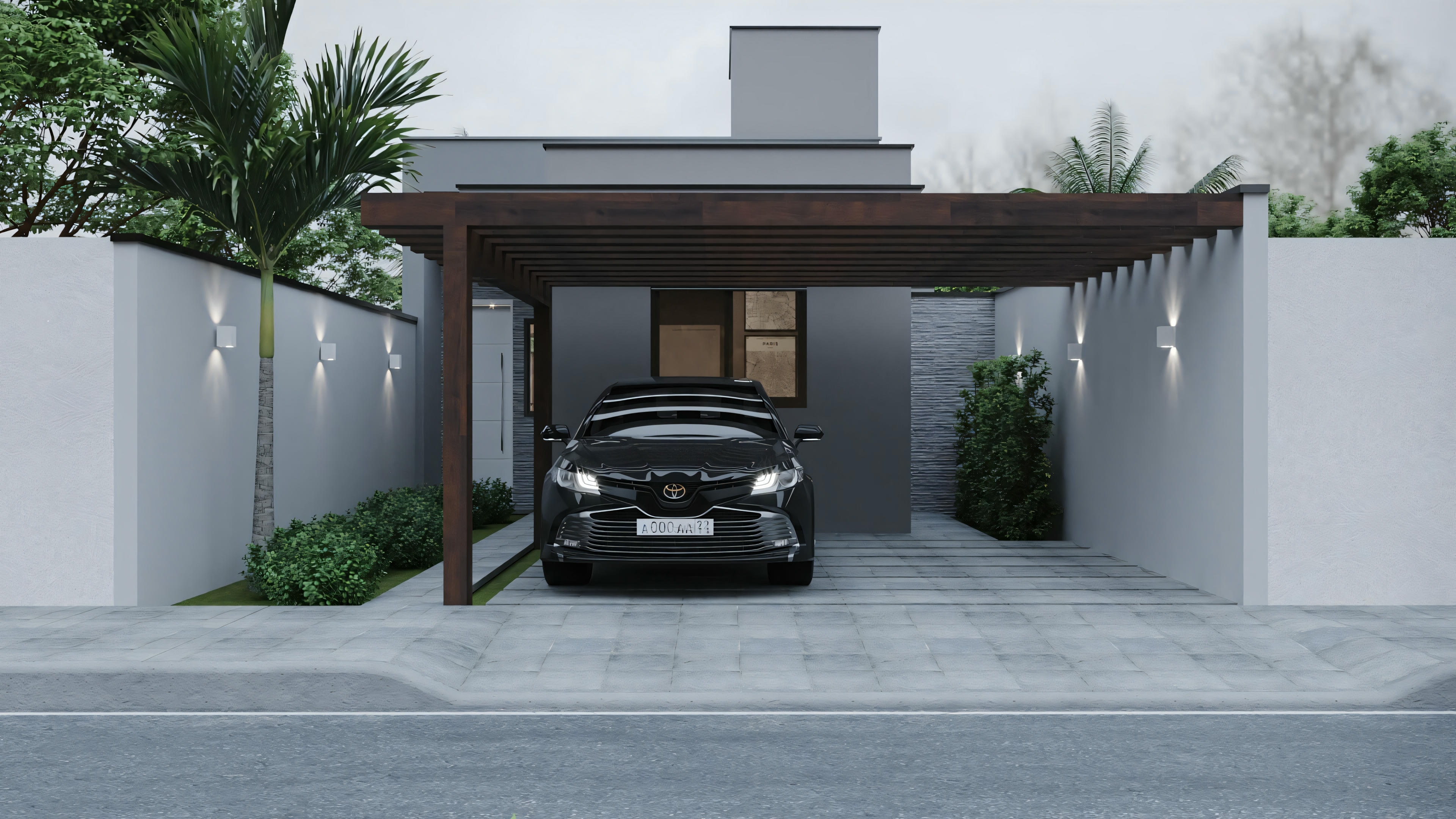 Uma casa moderna com telhado plano e um carro estacionado sob a extensão do telhado.