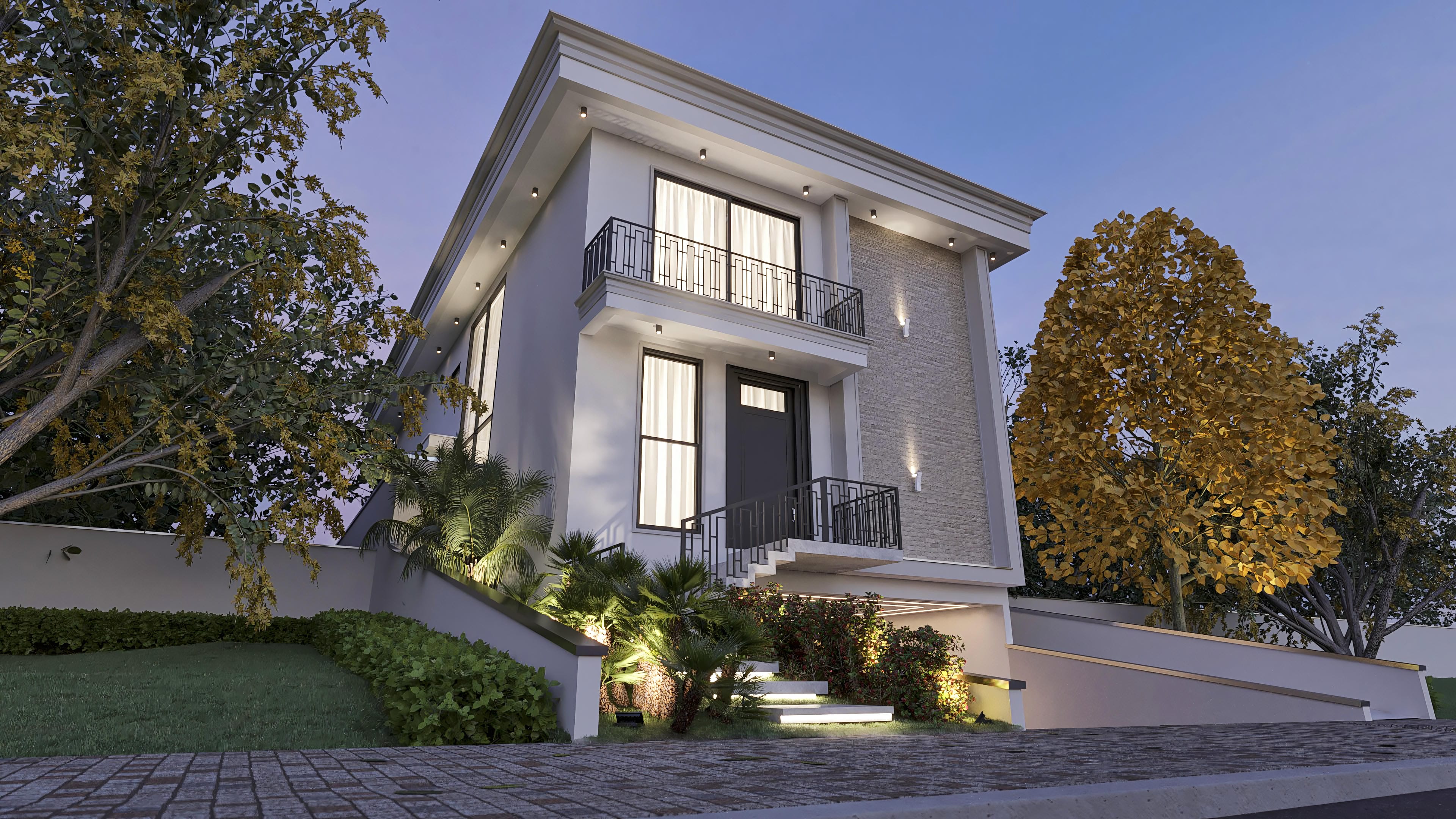 Fachada clássica de sobrado com 4 suítes e home office, apresentando detalhes em pedra, amplas janelas, varanda e iluminação externa. Perfeito para terrenos planos.