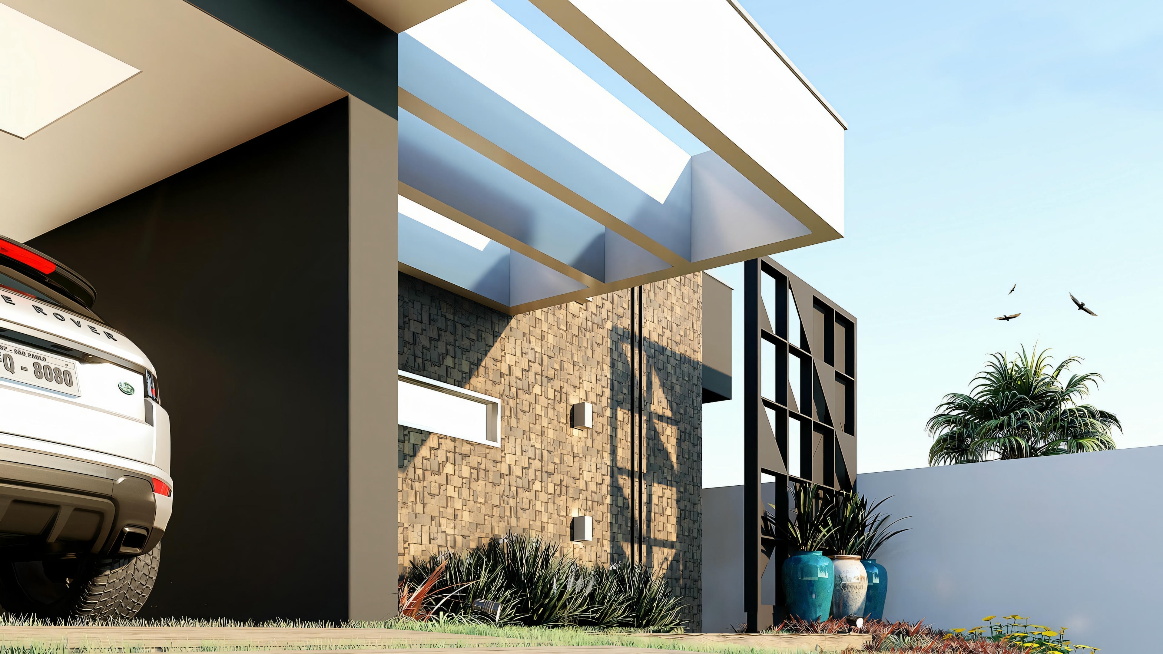The contemporary facade of a house with a wood panel and large windows.