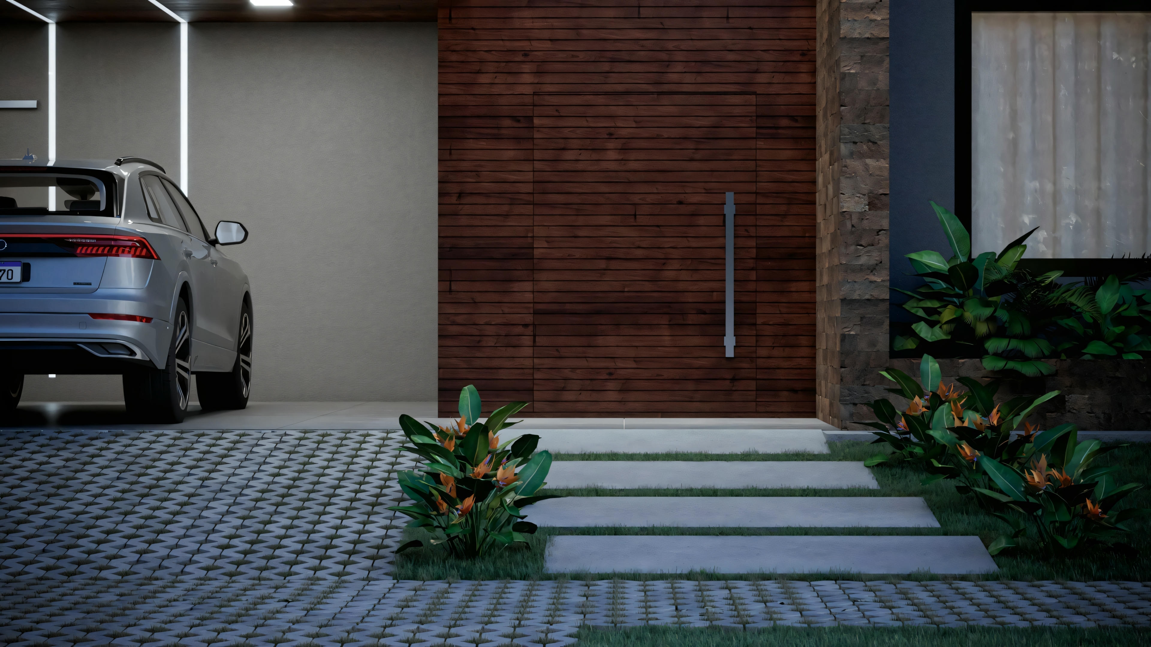 A contemporary house with a bold design, using concrete and glass, with a front garden.