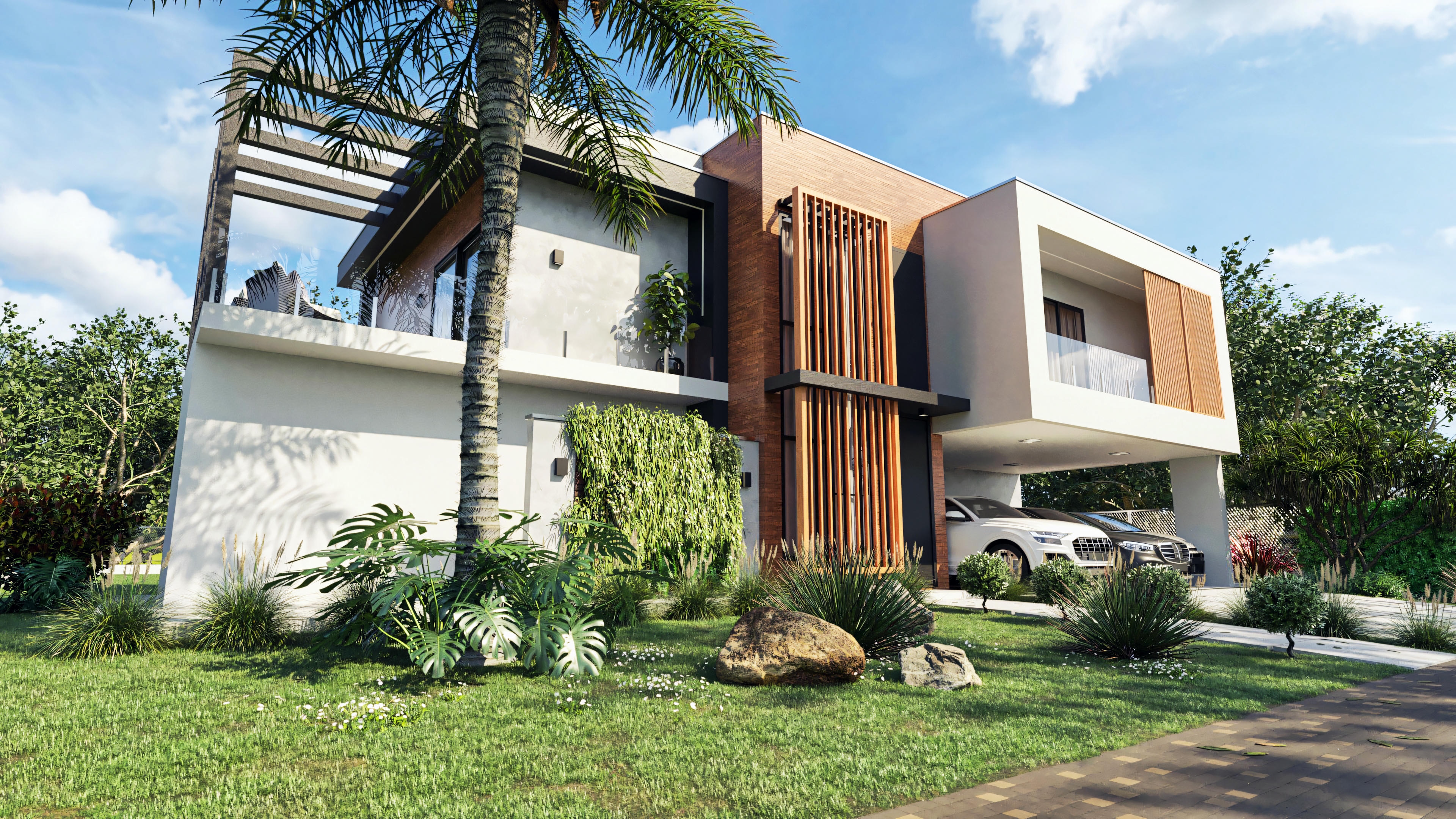 Residential facade with terrace.