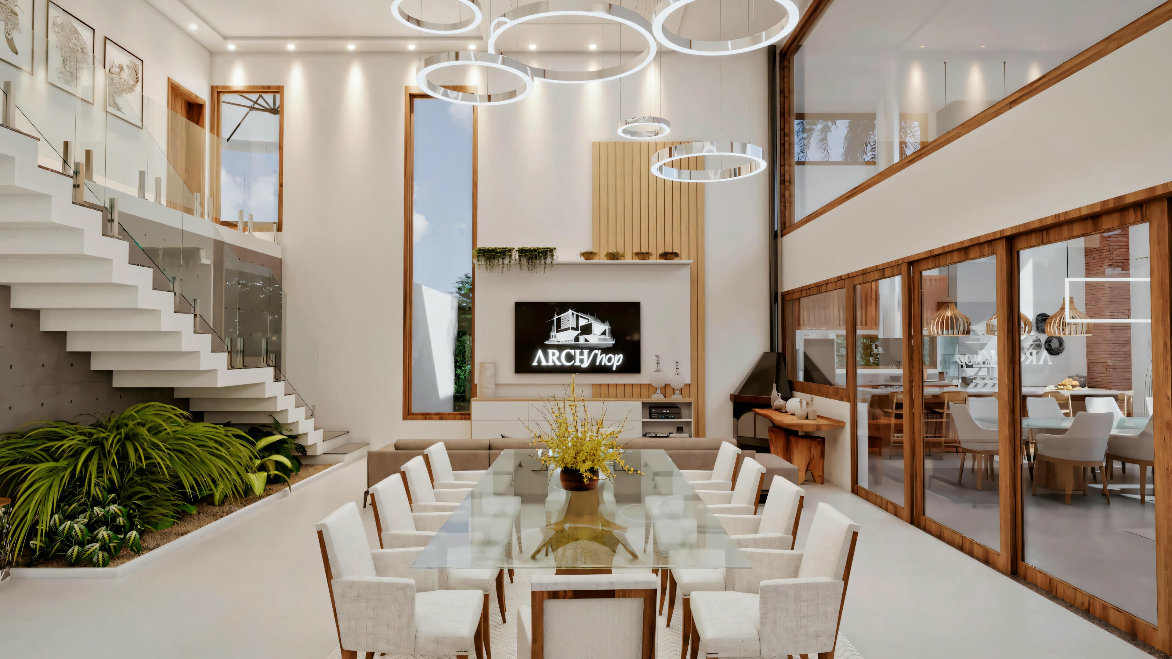 A modern space with a staircase, dining area, and living room with a fireplace, characterized by neutral tones and elegant light fixtures.