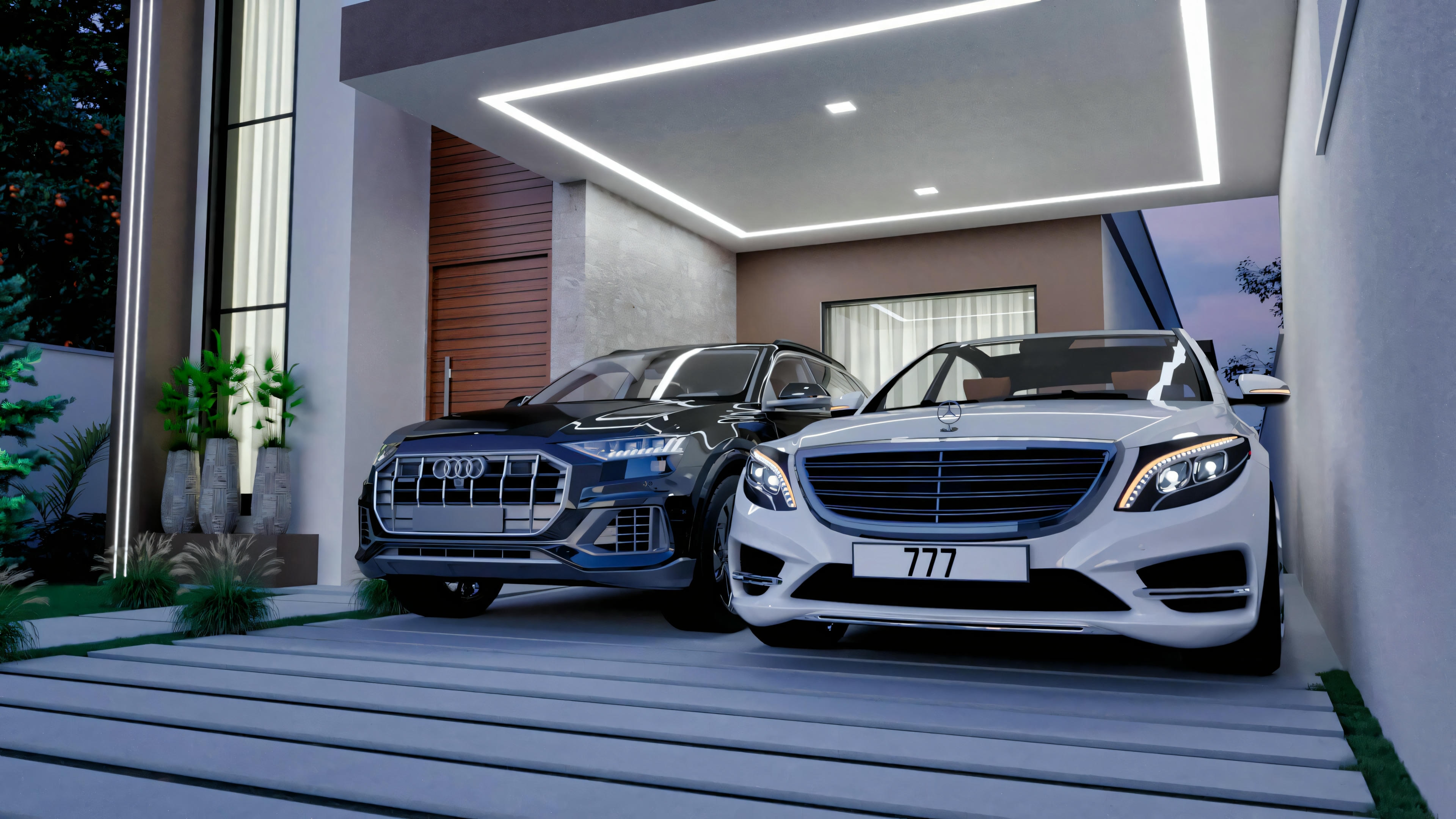 Detail of the covered and illuminated garage for two cars in the two-story house on a 10x25 plot. Night view showing the garage ceiling lighting design.