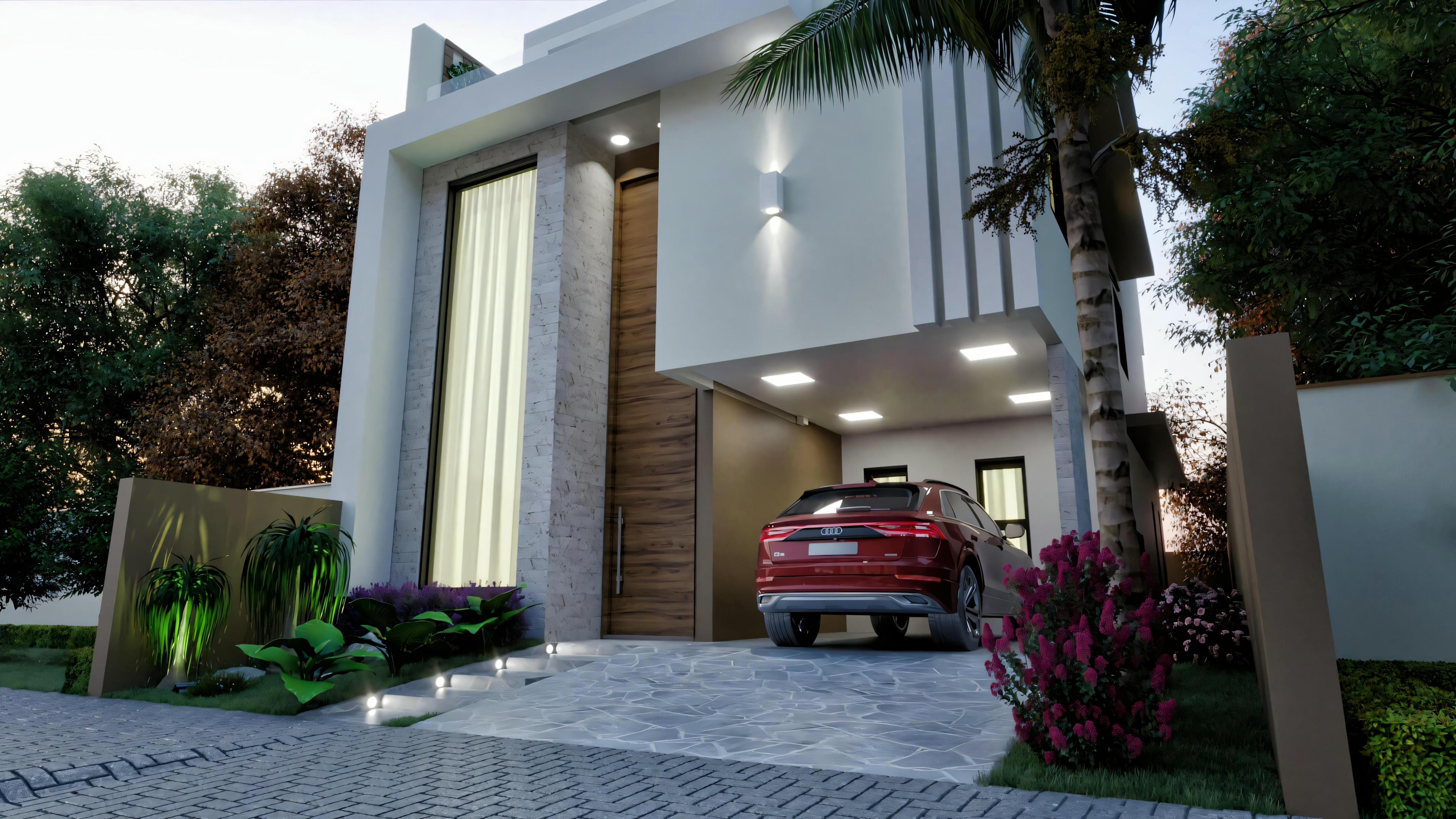 Entrada de un edificio moderno con grandes pilares y un coche rojo en el garaje.