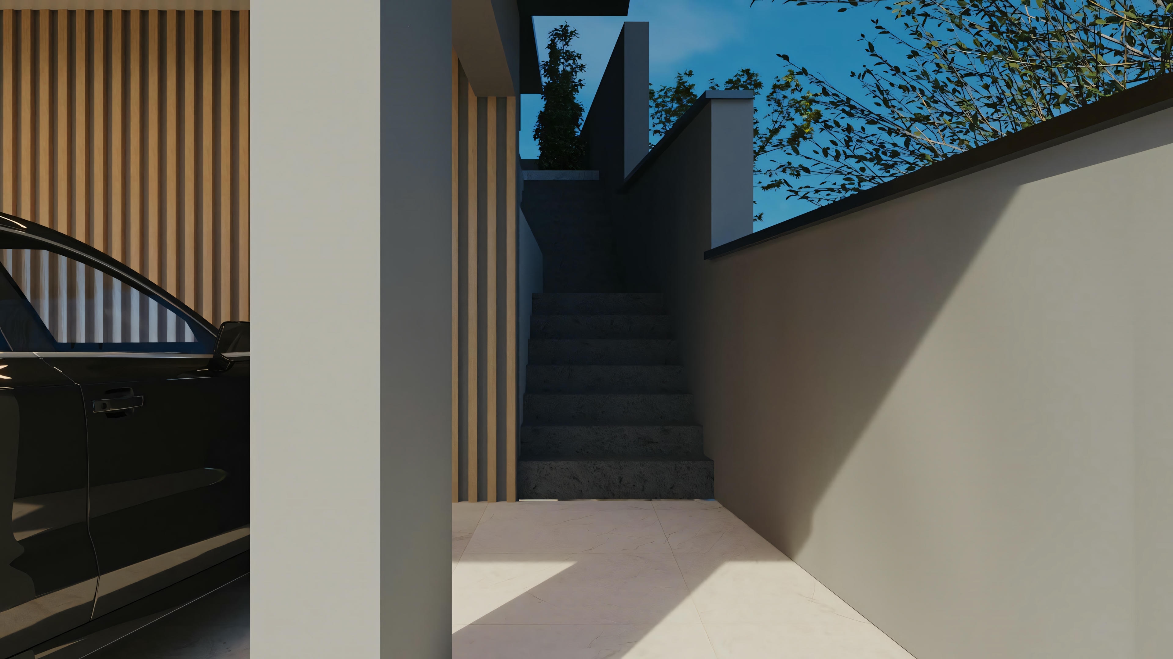 Un espacio interior con una escalera que sube a la derecha, con barandal oscuro a la izquierda y pared decorada con papel tapiz o azulejos en tonos azules y morados.