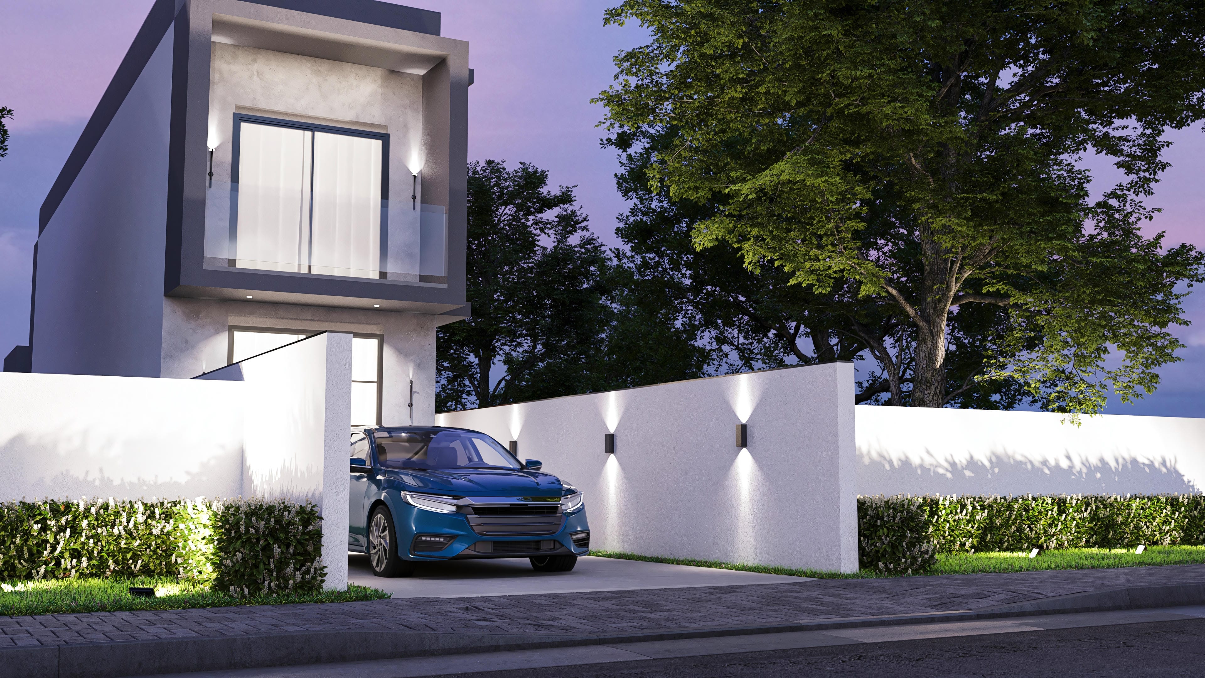 Facade of a modern two-story house on a narrow lot, with 3 bedrooms (1 suite) and integrated gourmet area. 137m² project with 4 bathrooms.