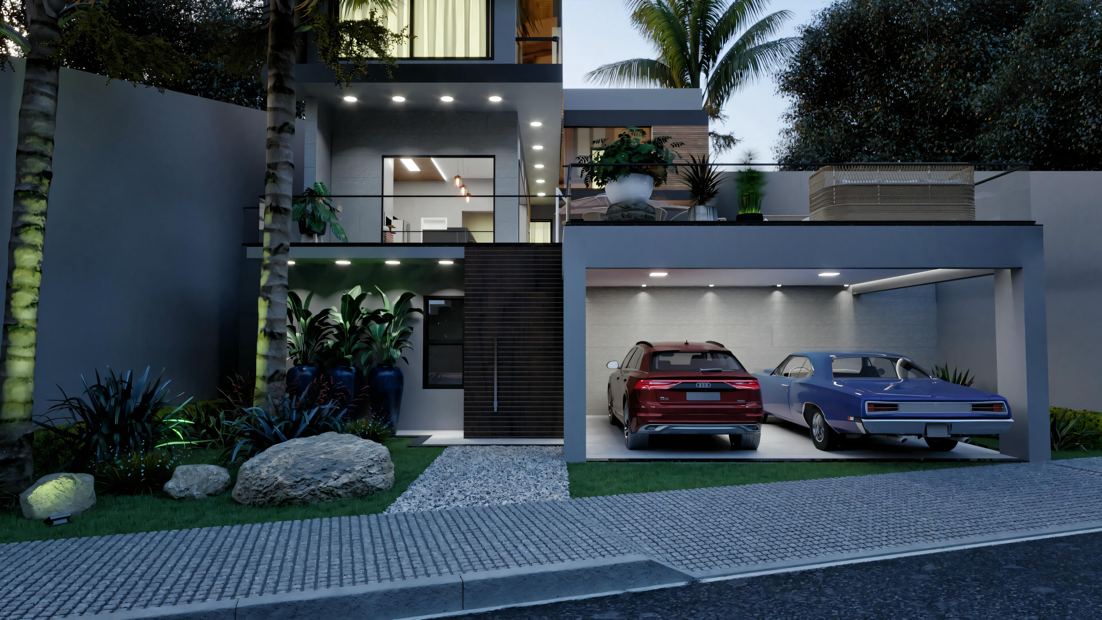 Fachada de casa, una casa moderna con 4 suites (316.98m²). Vista frontal izquierda mostrando garaje doble, entrada con paisajismo, palmeras, madera y balcón acristalado.