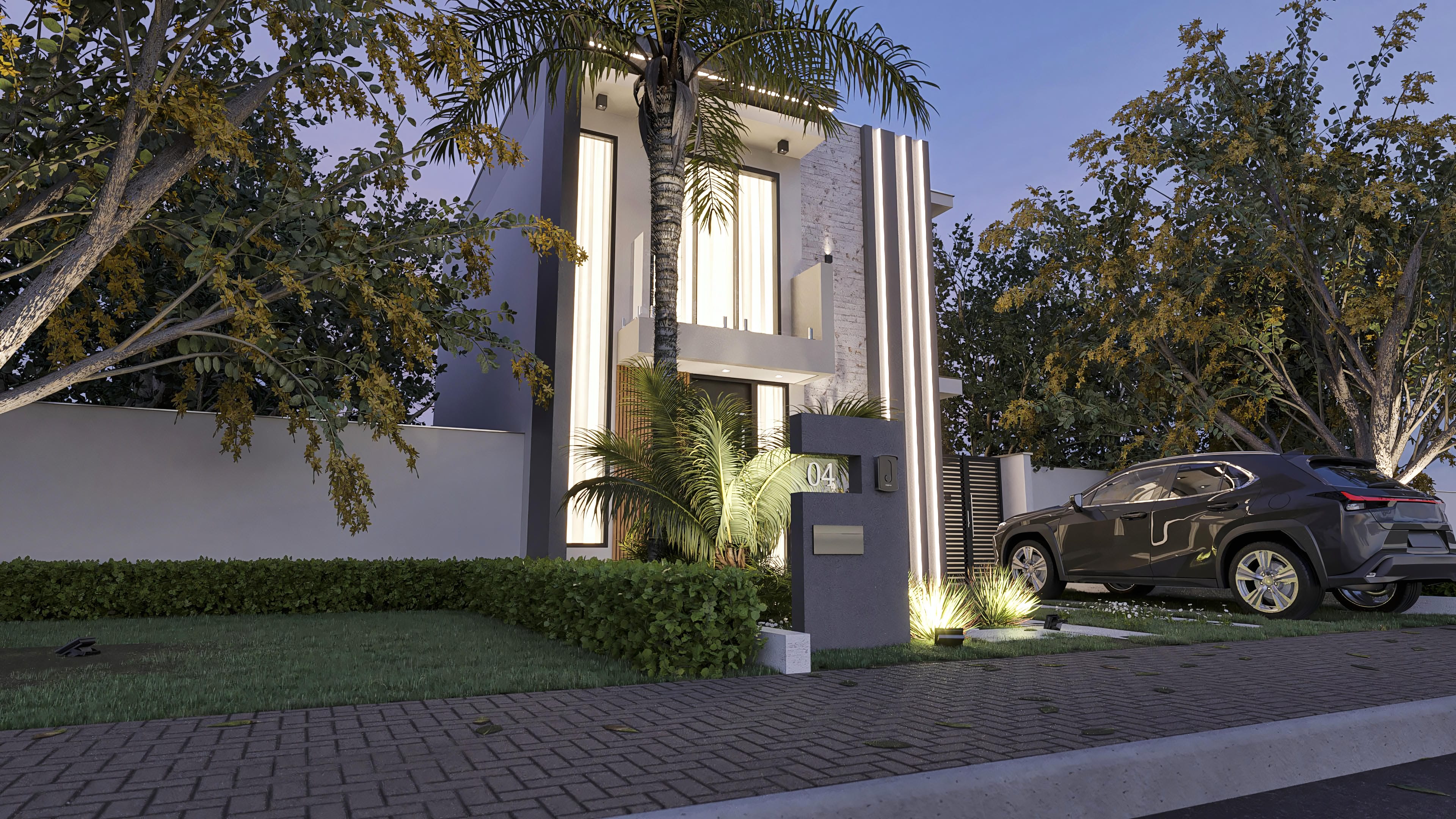 Fachada moderna de casa de dos pisos con volúmenes marcantes, revestimiento texturizado e iluminación en LED que realza los detalles arquitectónicos. Ventanas amplias integran el interior con el exterior, mientras que el área de acceso presenta un diseño contemporáneo con iluminación empotrada.