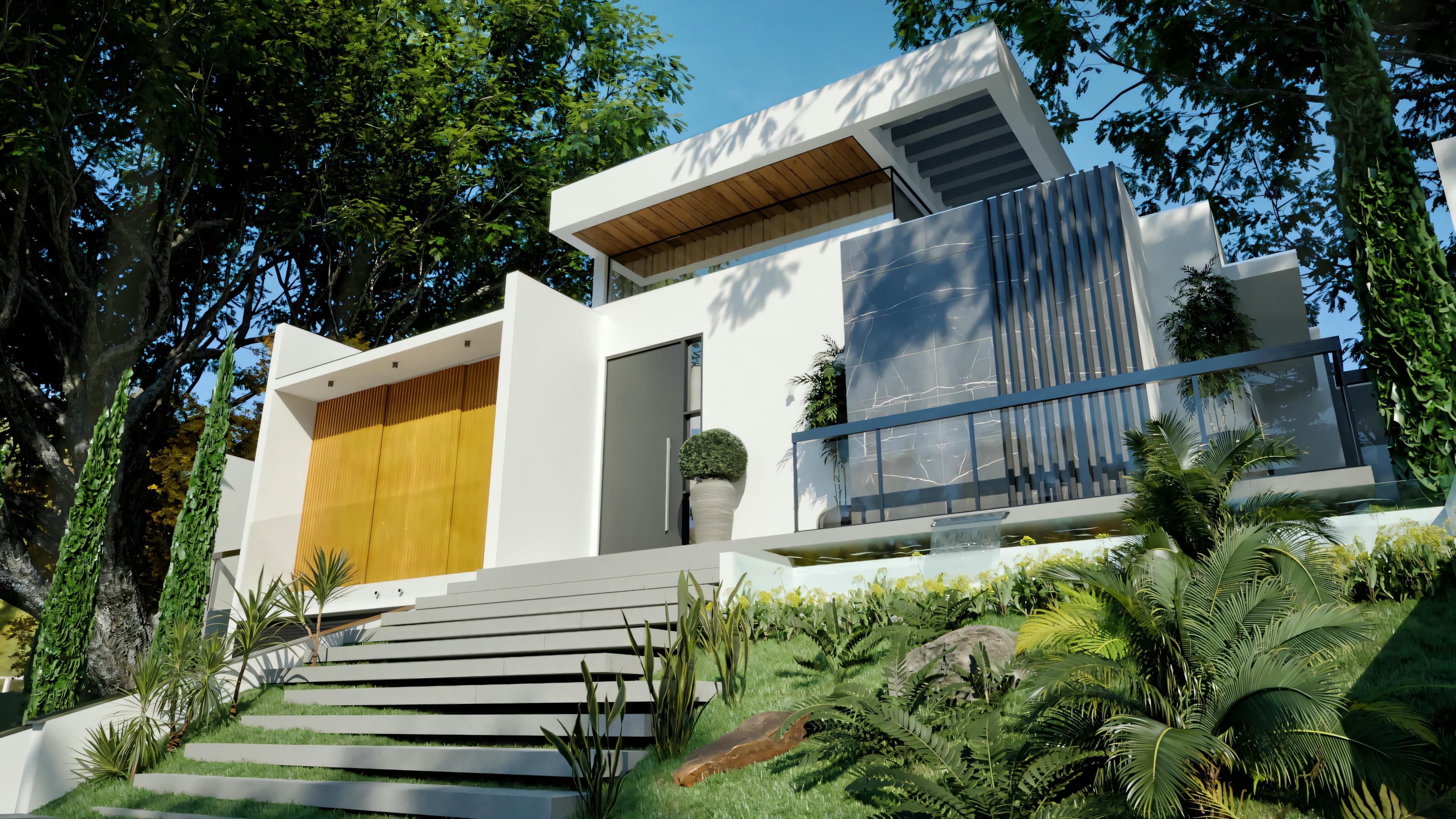 Perspectiva da fachada do projeto residencial de luxo com 4 suítes, enfatizando a escadaria de acesso, garagem e a combinação de revestimentos modernos.