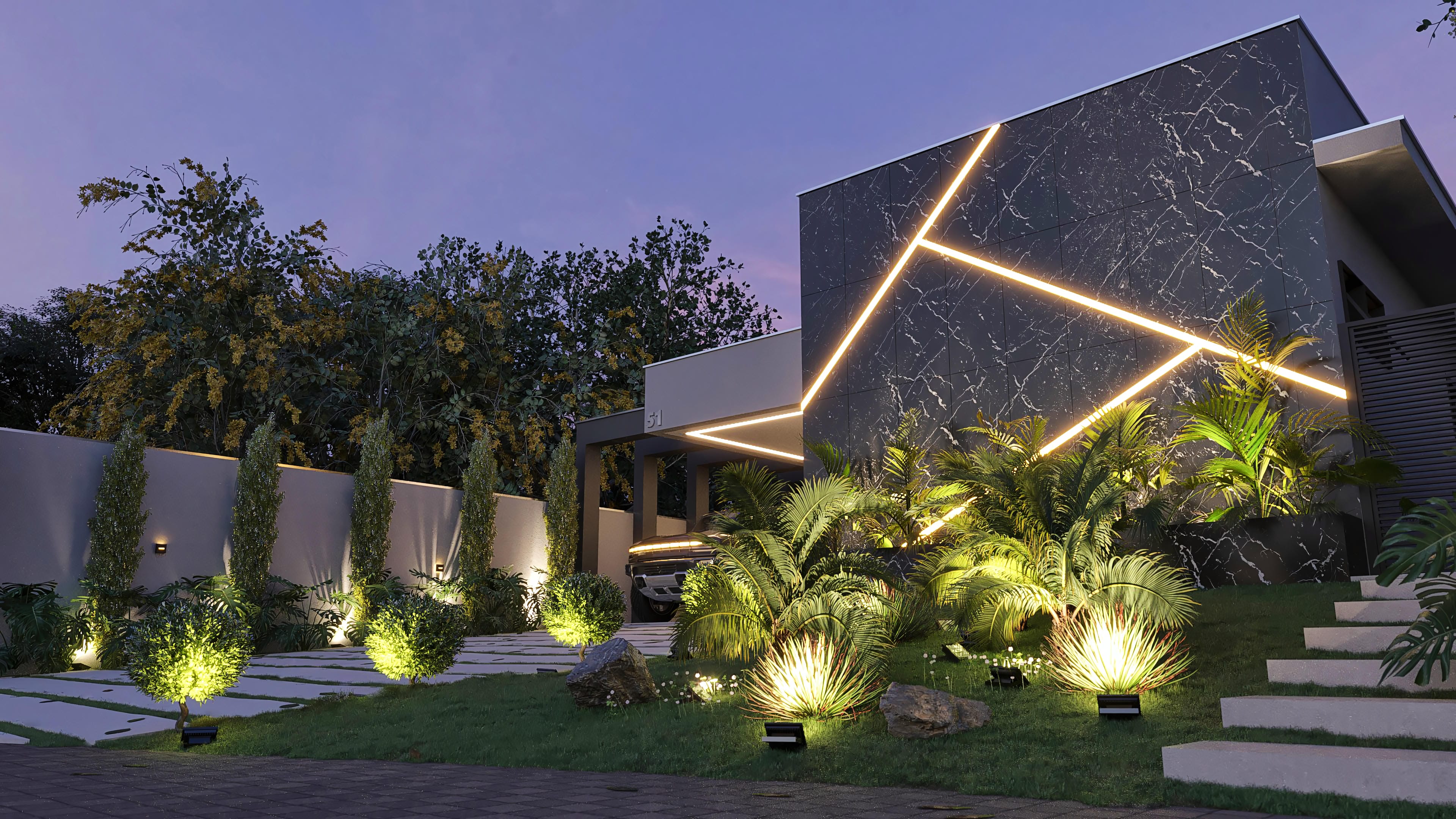 Fachada de casa de una planta moderna en mármol oscuro con iluminación LED integrada, paisajismo exuberante, jardín iluminado y acceso en piedra.