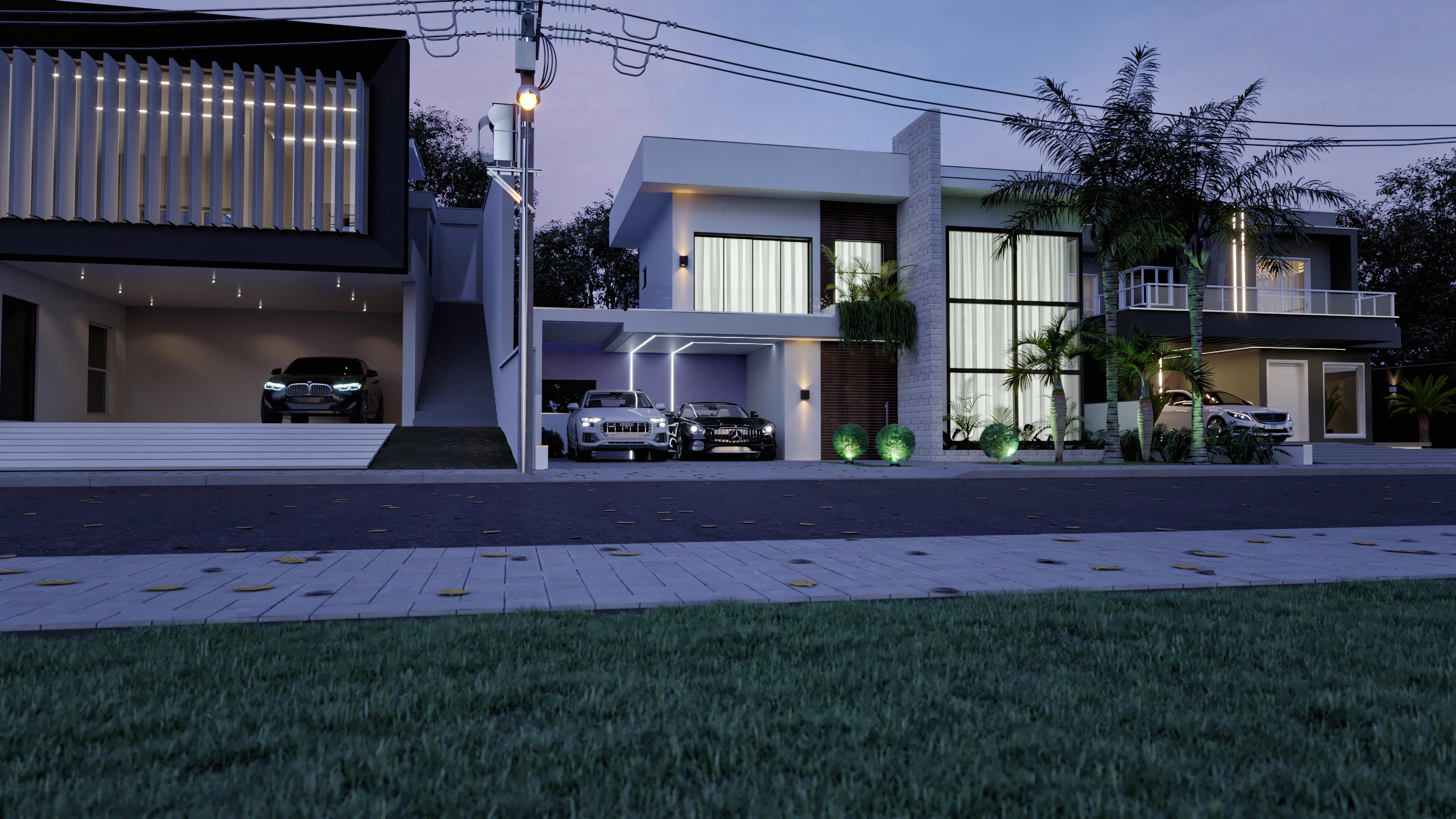 Fachada moderna de casa de dos plantas con detalles en piedra y madera, amplios ventanales e iluminación integrada. Área de ocio con piscina y espacio gourmet.